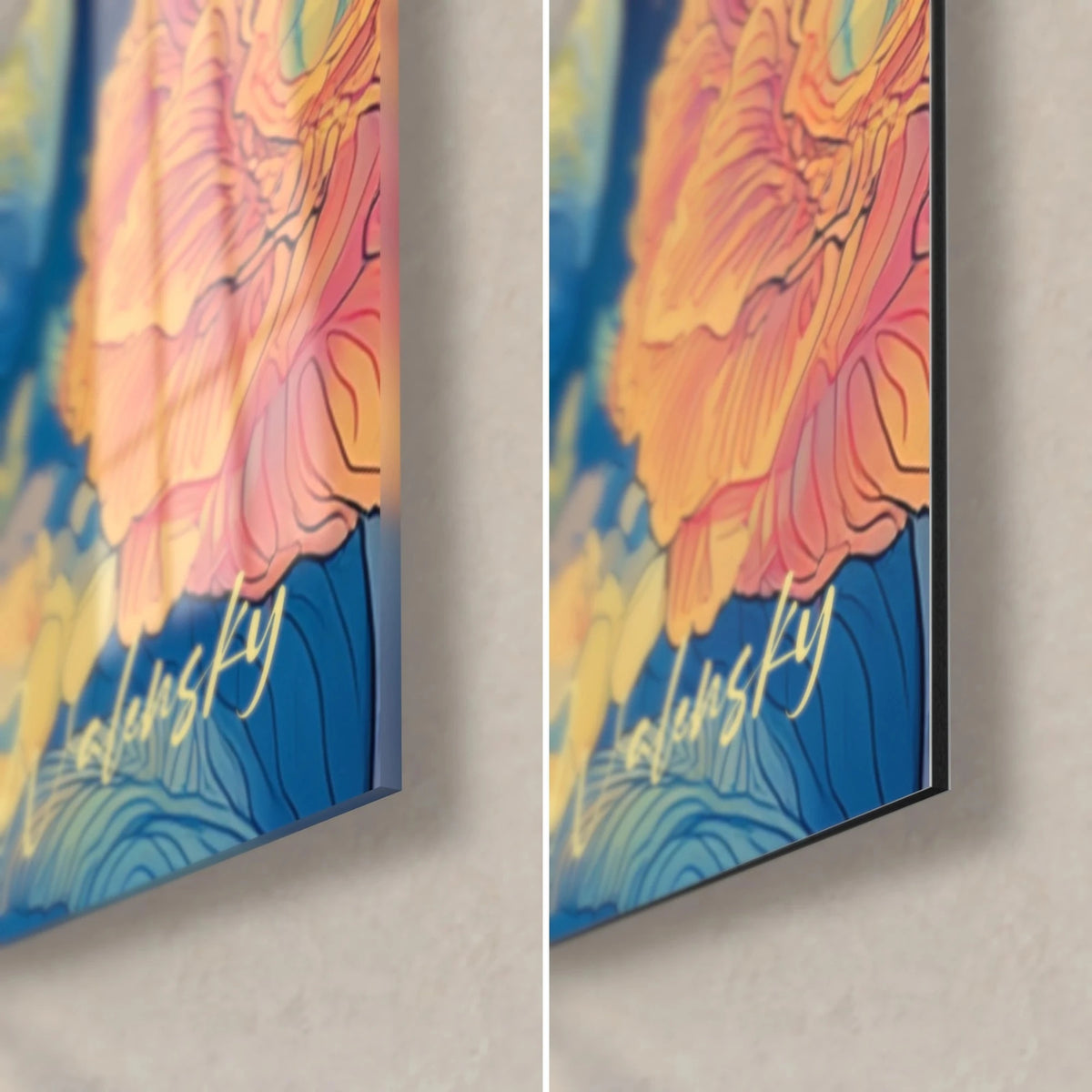 Schilderij reusachtige neushoorn in blauw en oranje, rechter onderhoek, gouden handtekening, glanzend glas links en mat Dibond-aluminium rechts
