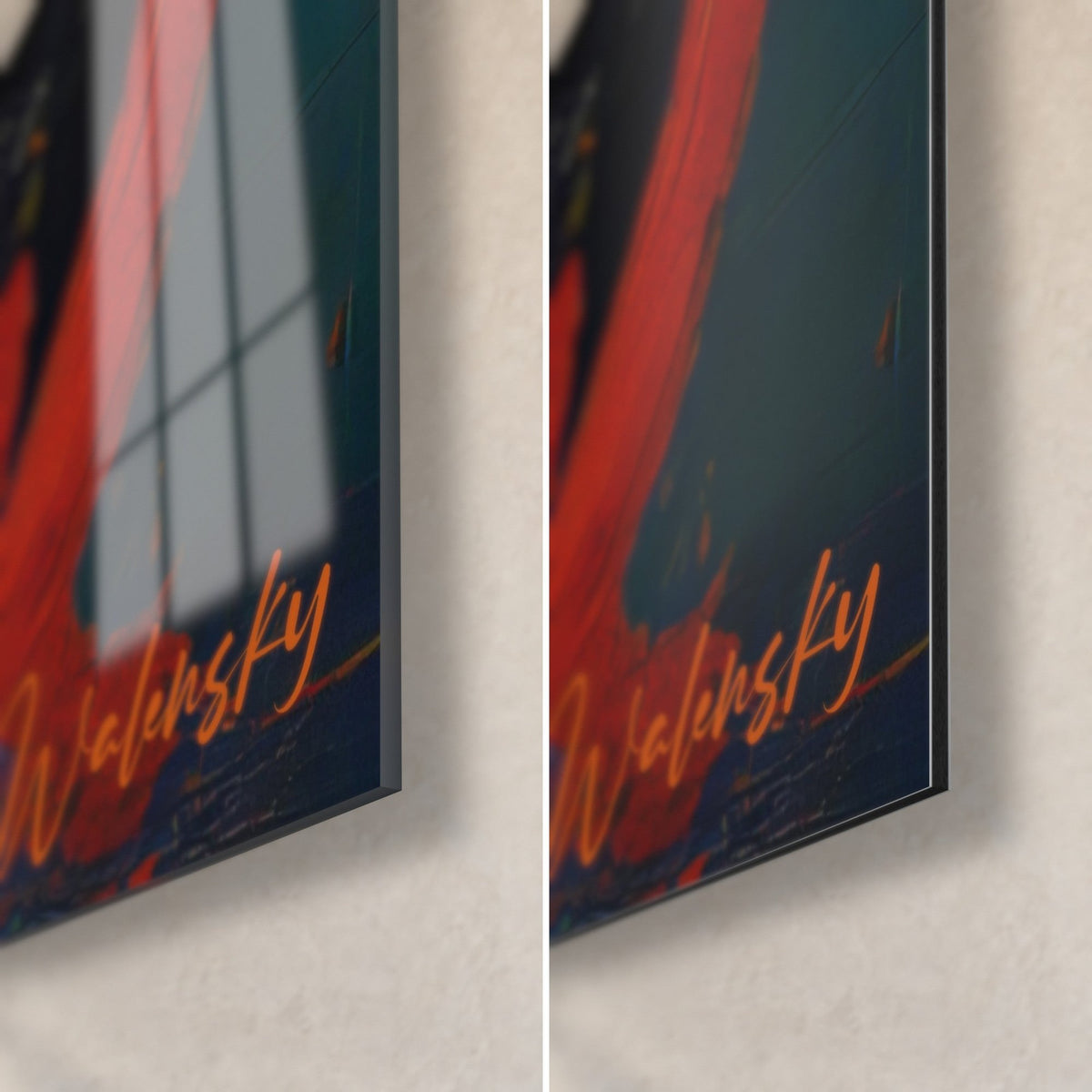 Wall art abstract palette-knife painting, lower right corner: glossy acrylic glass reflecting the window, matt Dibond, 3 mm edge thickness