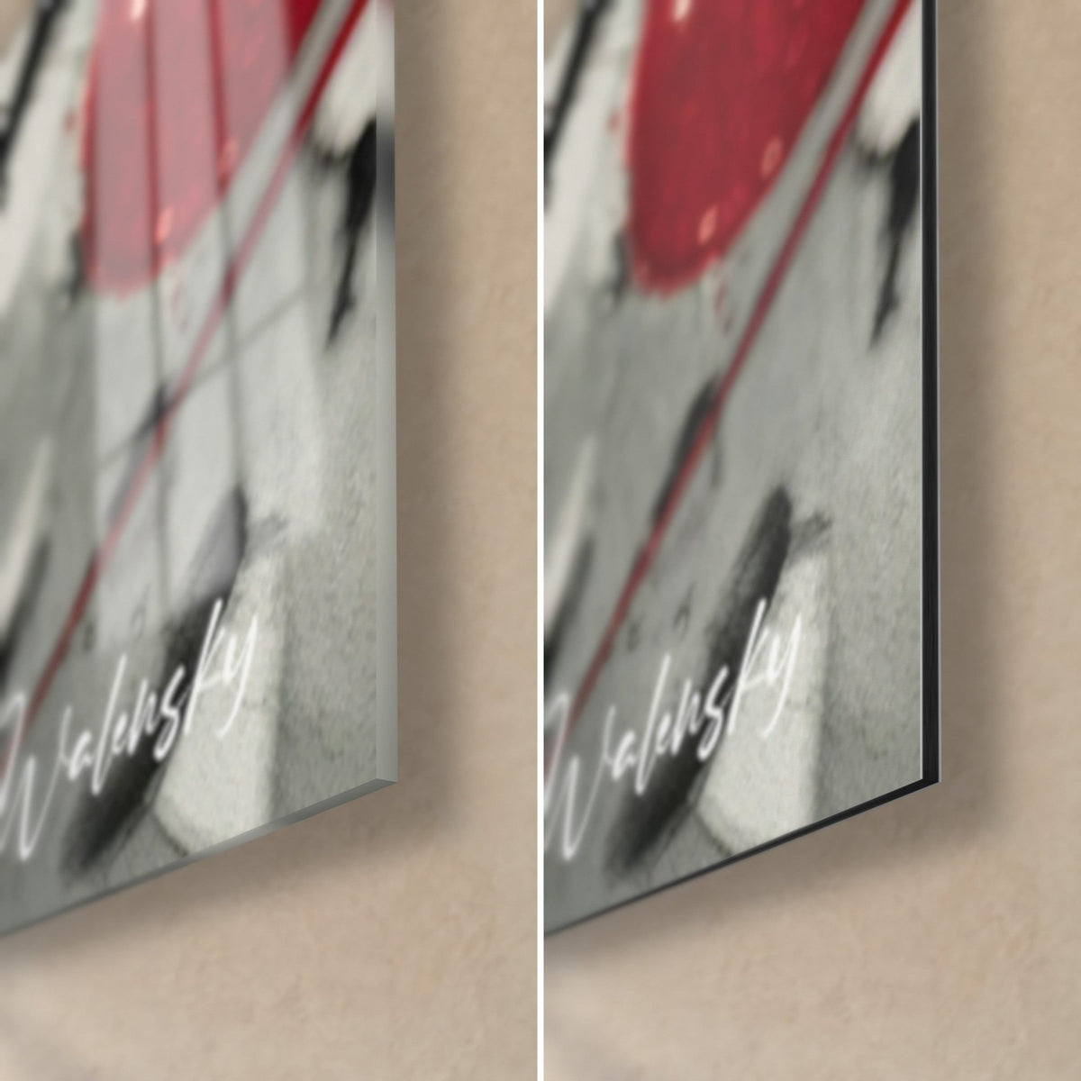 Tableau peinture gestuelle noir et rouge, coin bas droit en verre acrylique brillant et alu Dibond mat, tranche de 3 mm