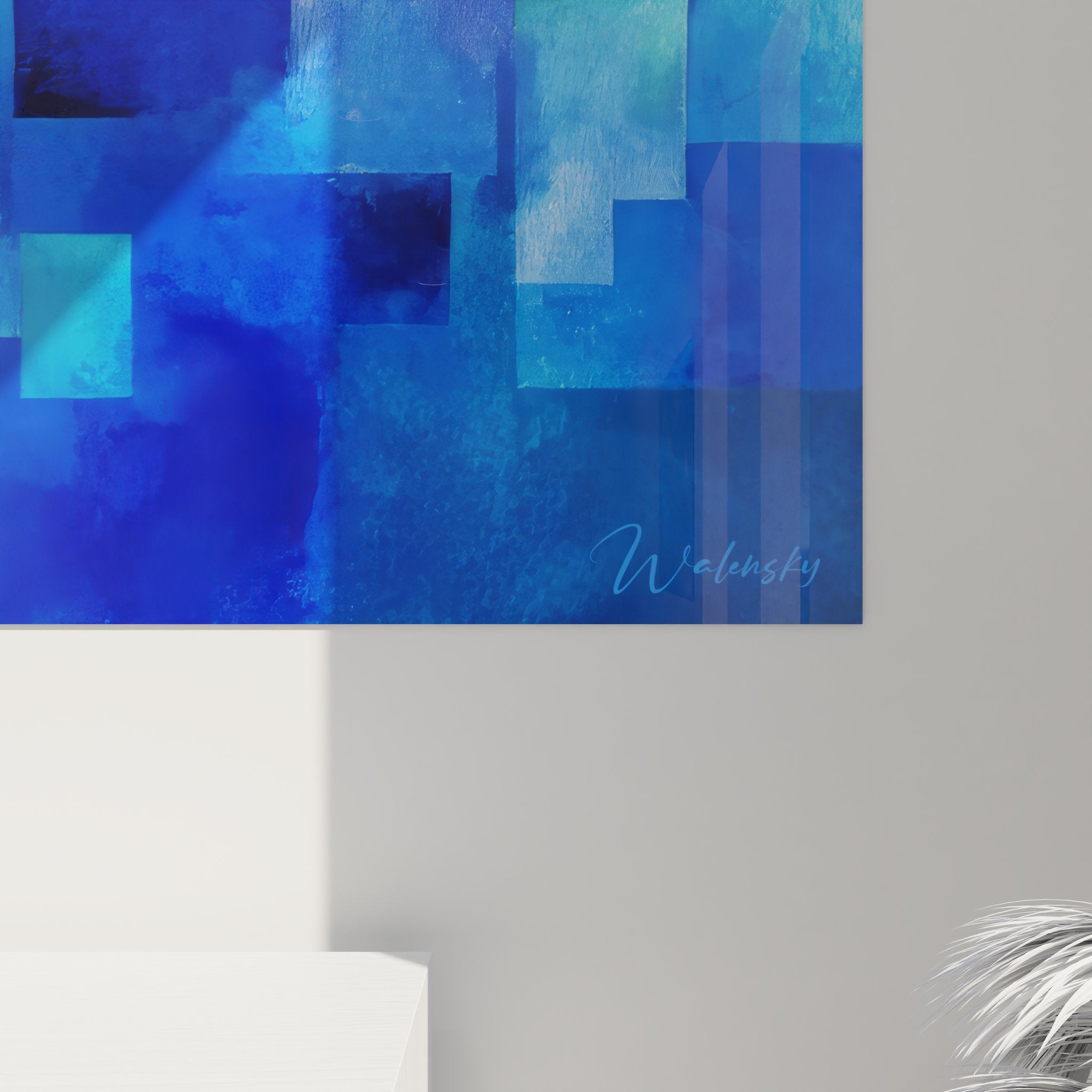 Vue ensemble tableau géométrique abstrait mosaïque bleue composition moderne art mural design décoration contemporaine