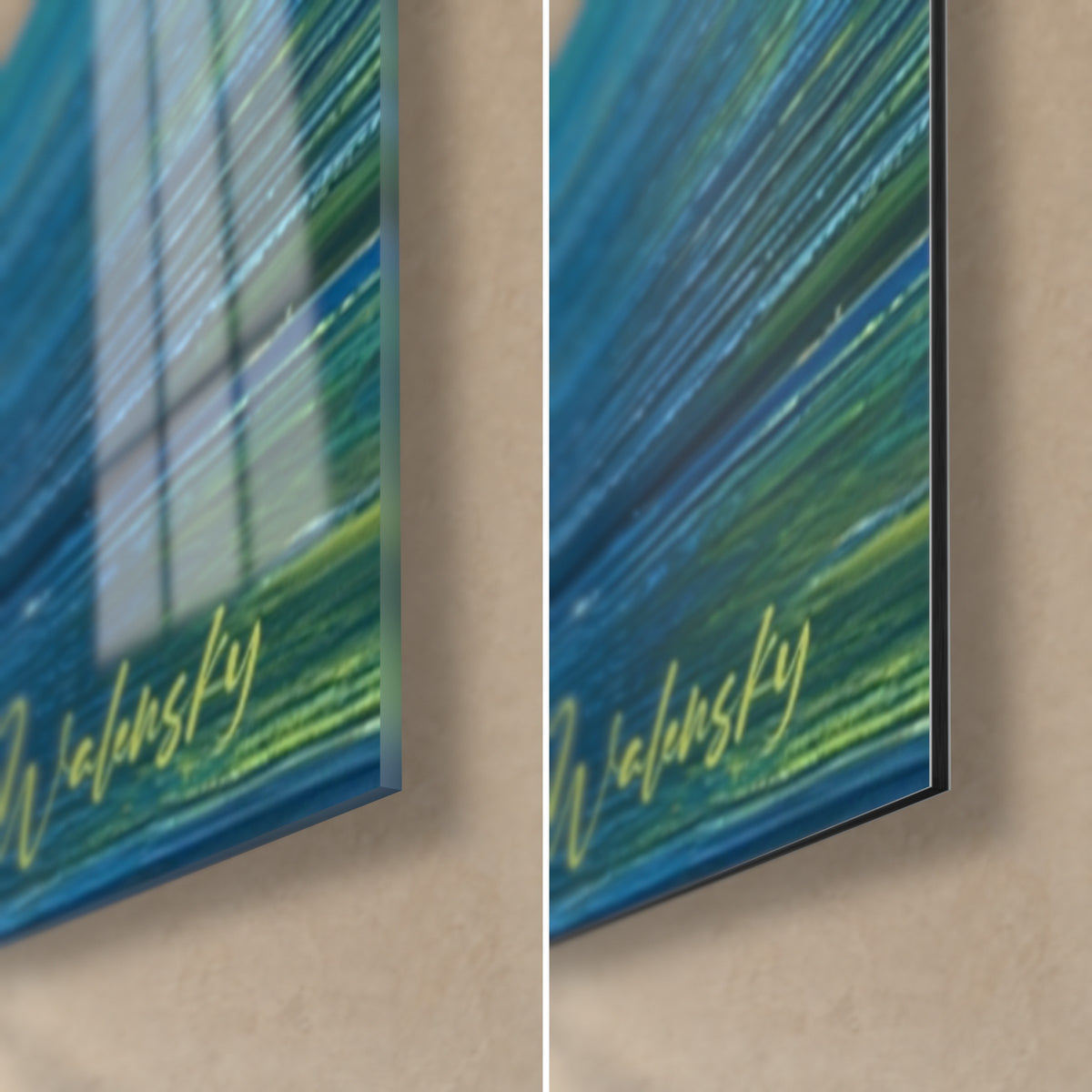 Gemälde mit Sonnenreflex in gekratztem Grün und Gelb, untere rechte Ecke, glänzendes Acrylglas und mattes Dibond, 3 mm Kante