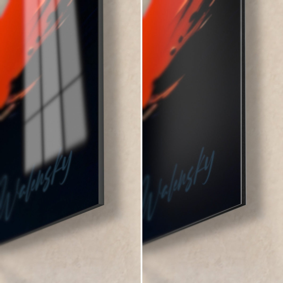 Wall art with thick orange and navy impasto, bottom right corner: glossy acrylic glass reflecting the window, matte black Dibond aluminium, 3 mm edge