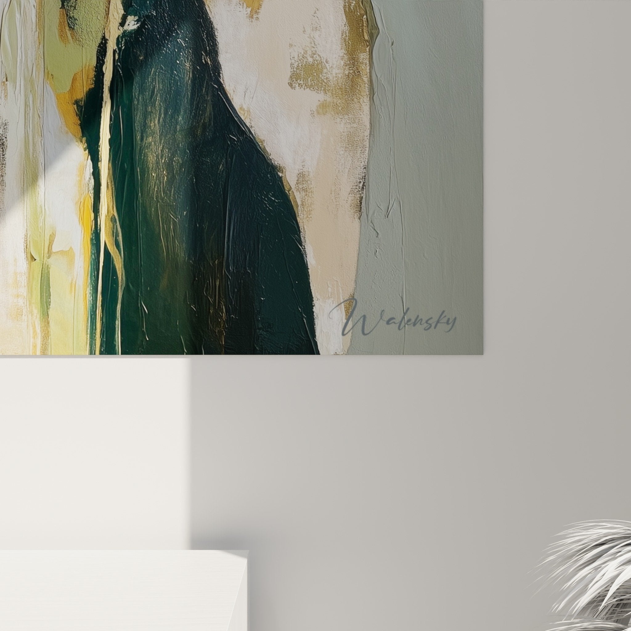 Overall view of green ochre abstract painting contemporary wall art decoration