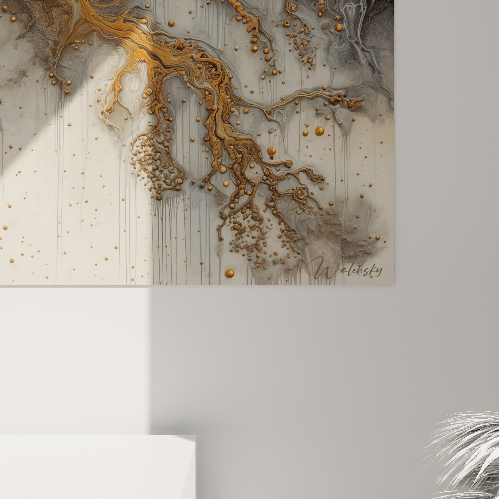 Abstract fluid wall art with gold and gray tones, interior decoration feng shui