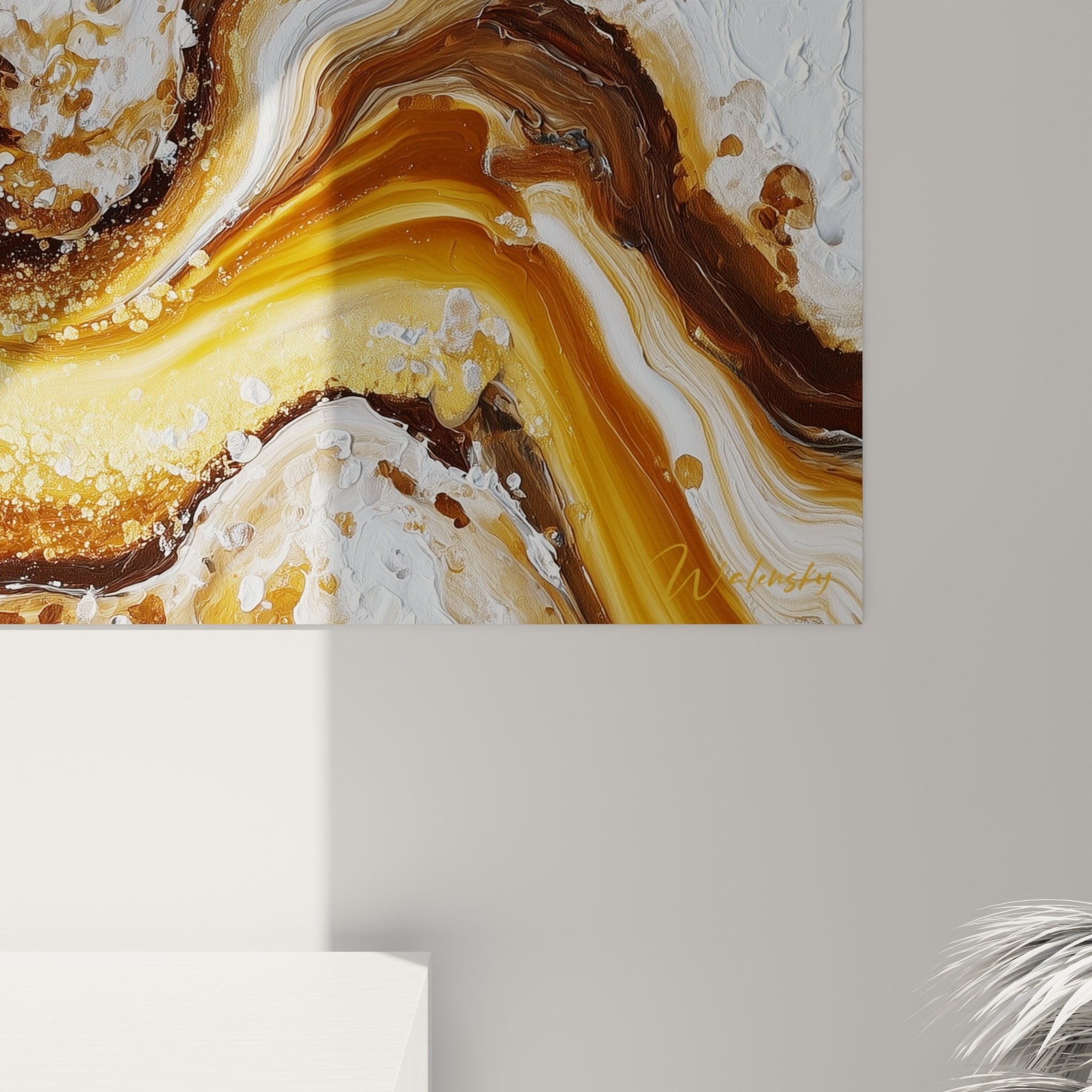 Vue ensemble tableau marbre abstrait vagues dorées décoration murale moderne élégante