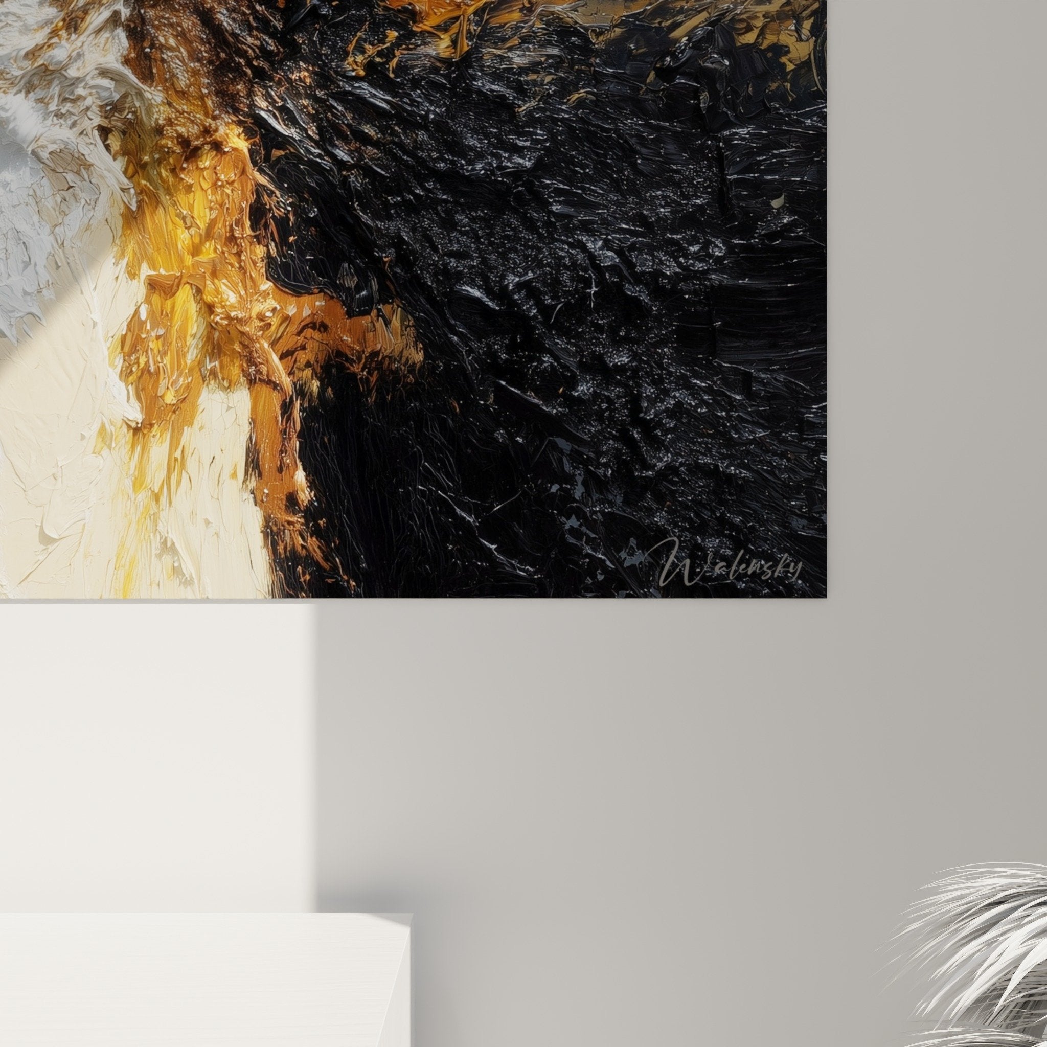 Gesamtansicht abstraktes Wandbild Wanddekoration natürliche Farben Feng Shui Nordosten Erde