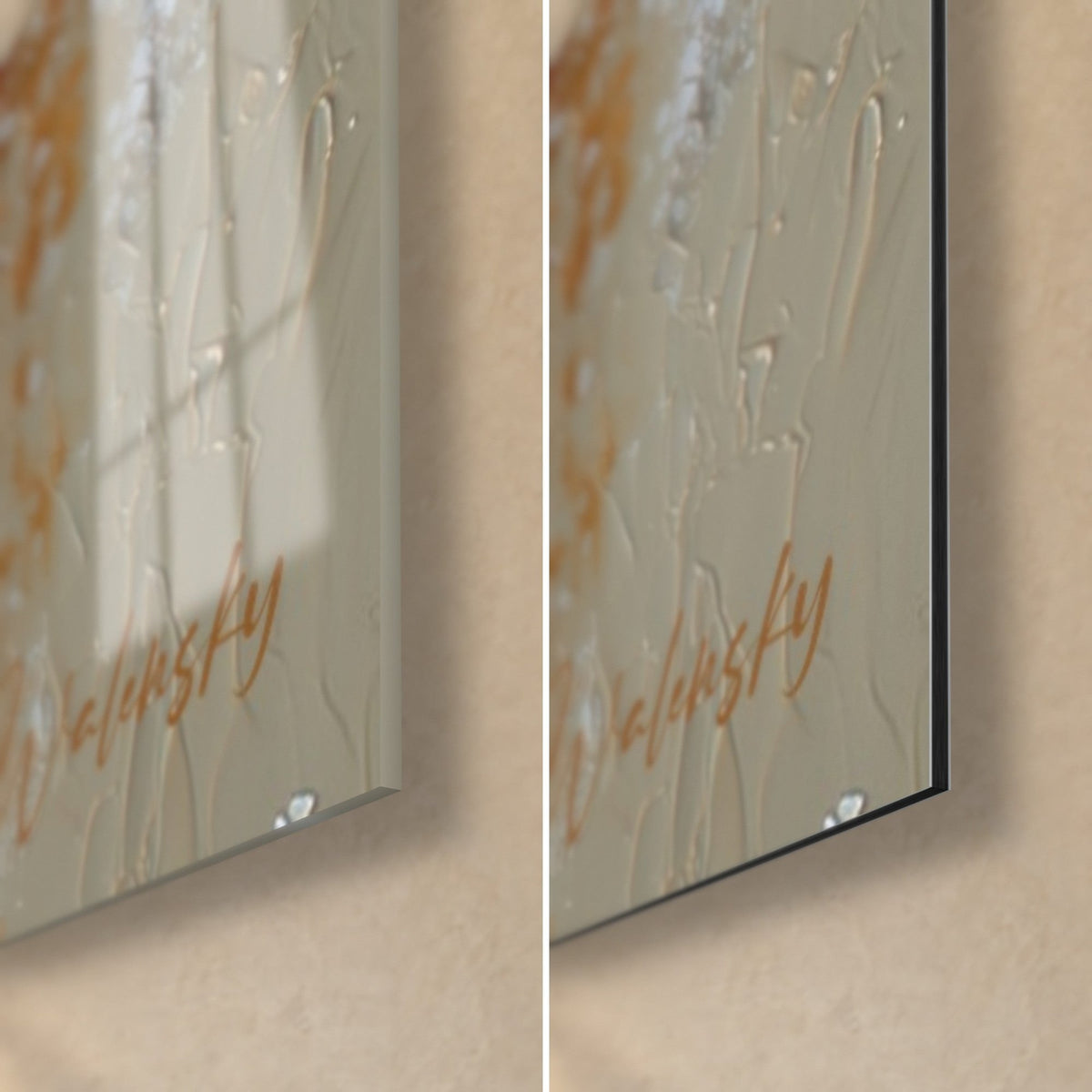 Tableau corolles blanches empâtées et or, coin bas droit : verre brillant reflétant la lumière, alu Dibond mat, tranche de 3 mm