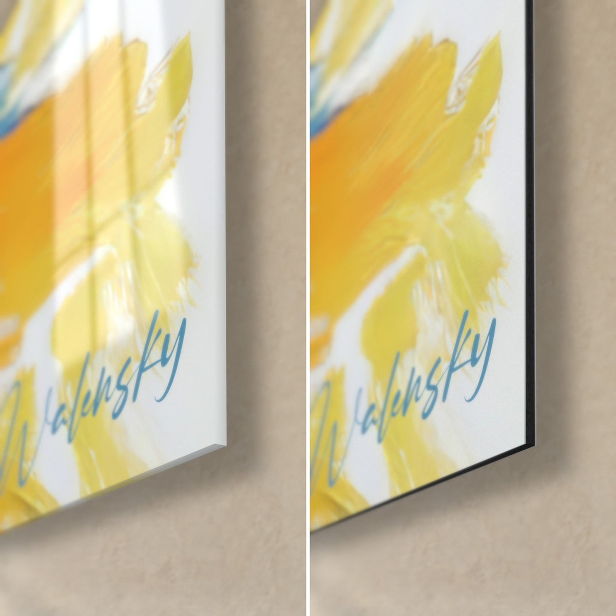 Wall art with golden yellow and cream white impasto, bottom right corner: glossy glass with reflections, matte black Dibond and slim edge