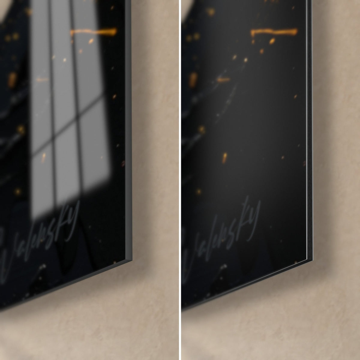 Wall art gold splashes on deep black, bottom right corner: glossy acrylic glass on the left, matte grey Dibond on the right, 3 mm edge