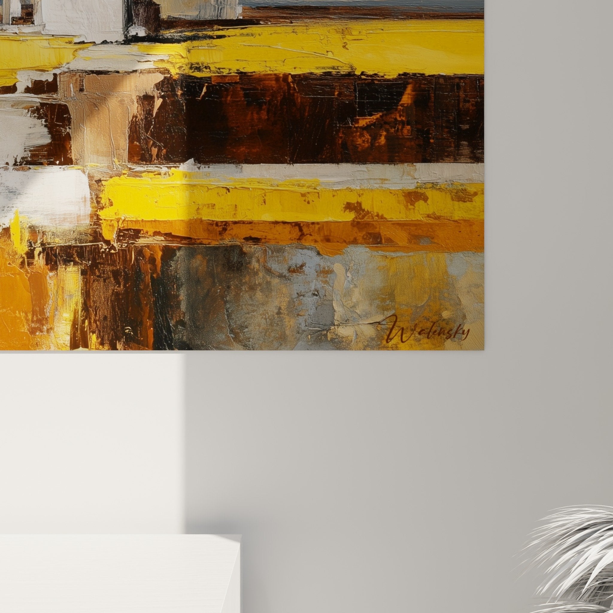 Full view of abstract earthy wall art in modern interior with feng shui earth center décor