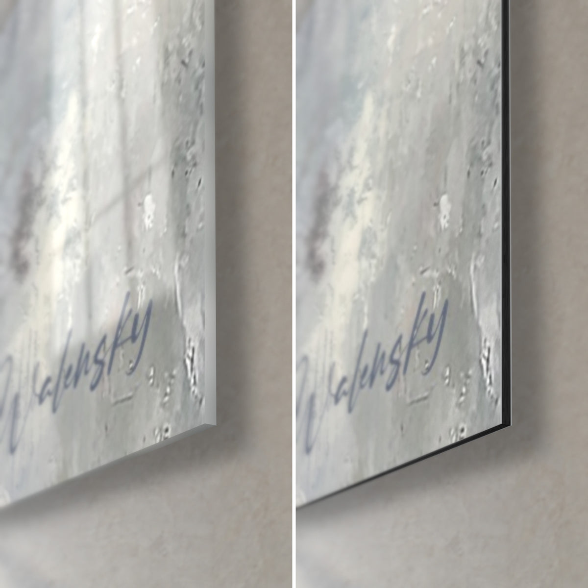 Quadro di nuvole grigio-azzurre, angolo inferiore destro in vetro lucido e alluminio Dibond opaco, spessore 3 mm, firma Walensky blu notte