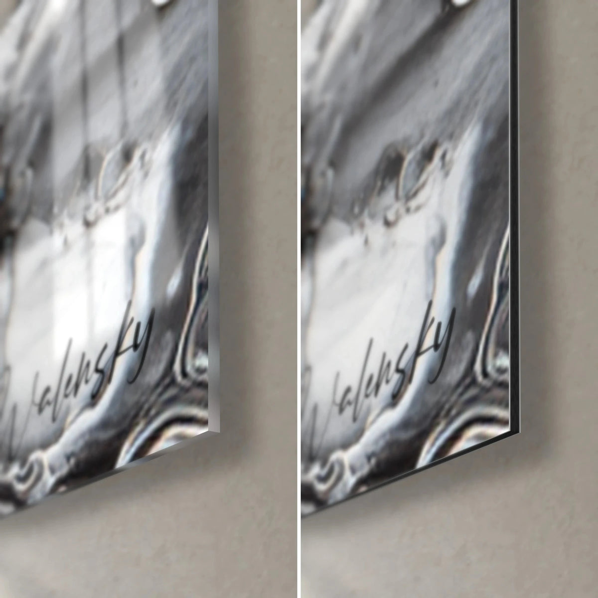 Wall art with black and white ink cells, bottom right corner, Walensky signature, glossy acrylic glass and matte Dibond, 3 mm edge