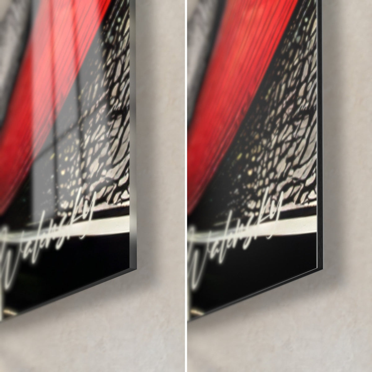 Wall art abstract drawing, striped red ribbon and black background, glossy glass corner at bottom left, matte Dibond on the right