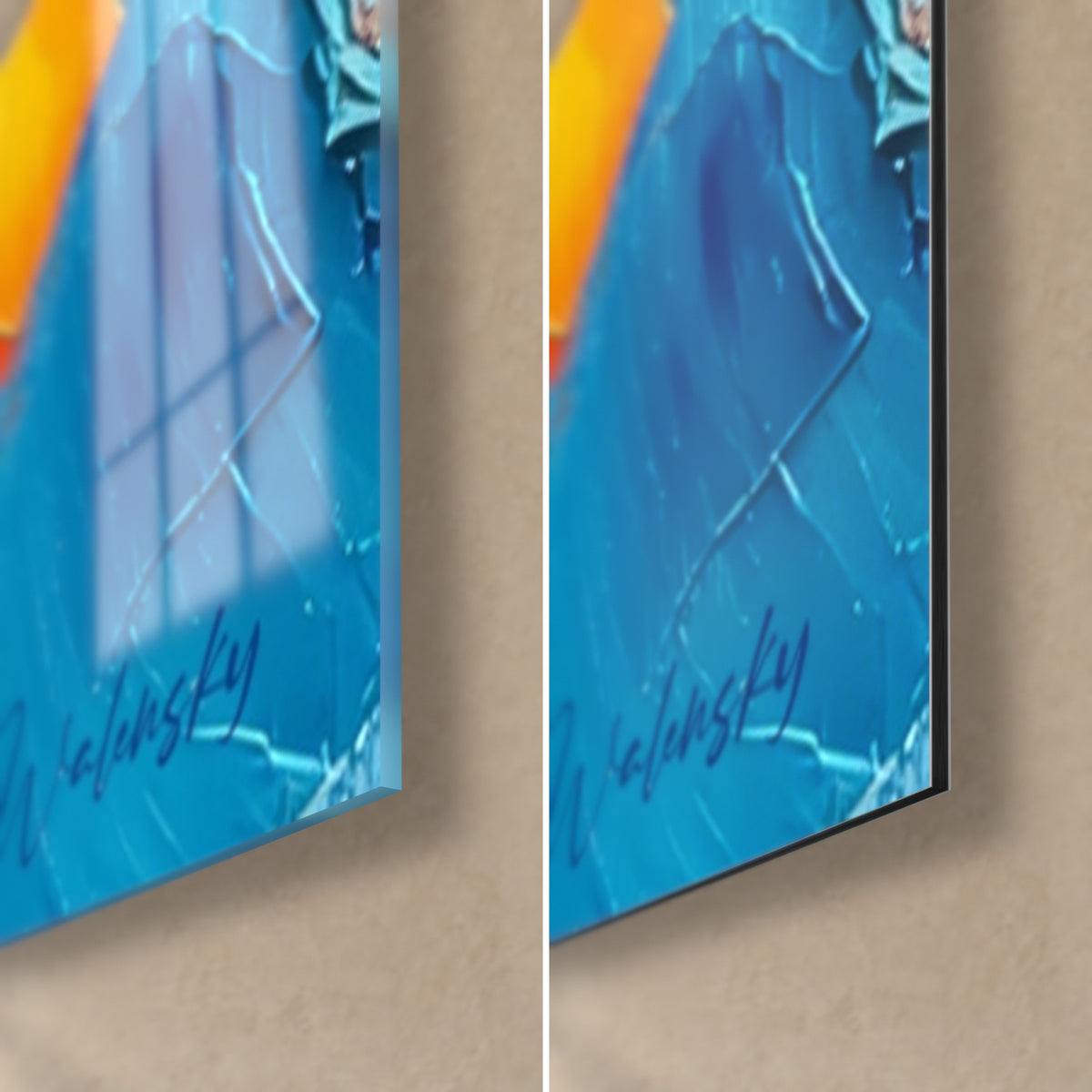 Tableau éclats de peinture épaisse bleu cyan et orange, coin bas droit : verre acrylique brillant à gauche, alu Dibond mat à droite