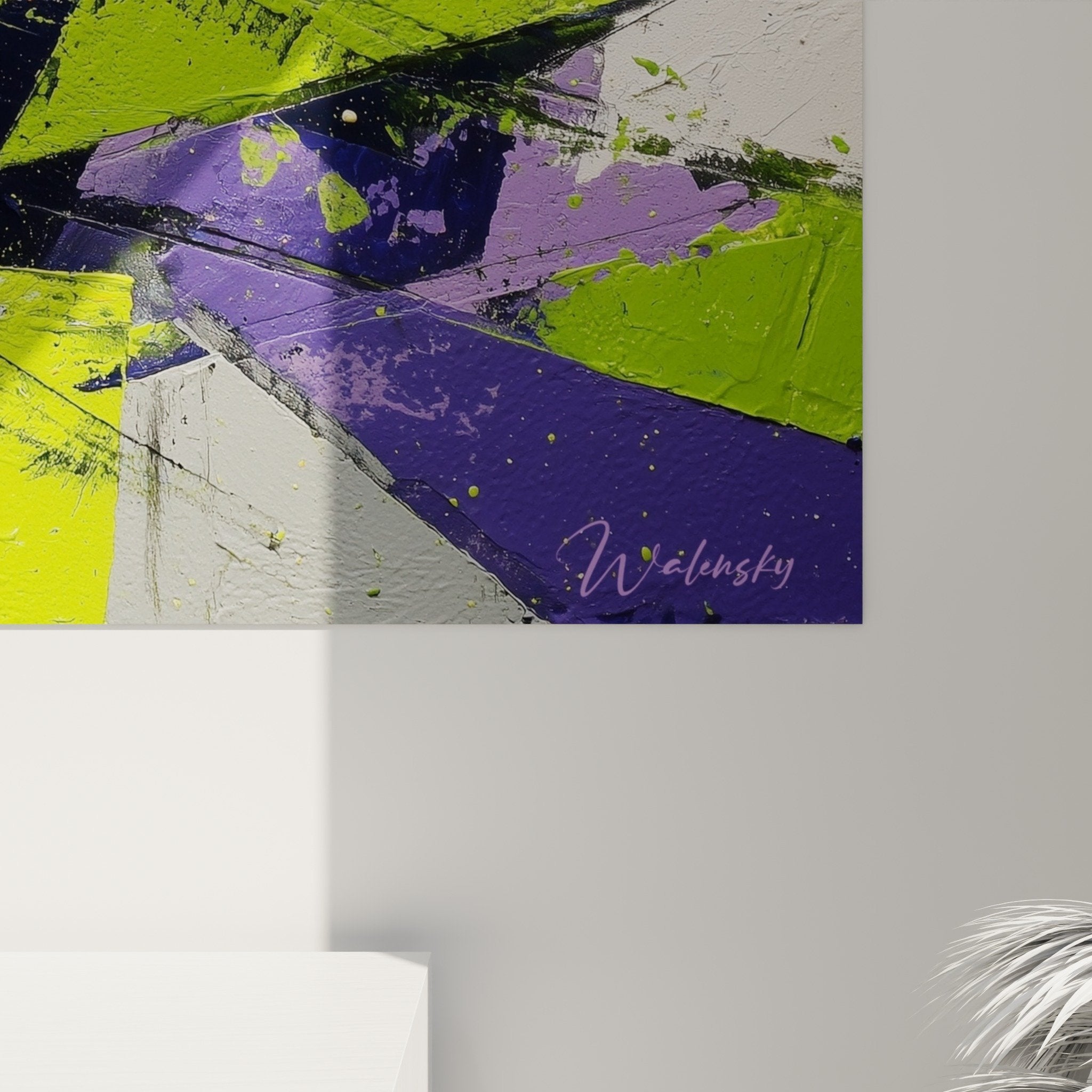 Full view abstract geometric painting green lime purple modern wall art decoration
