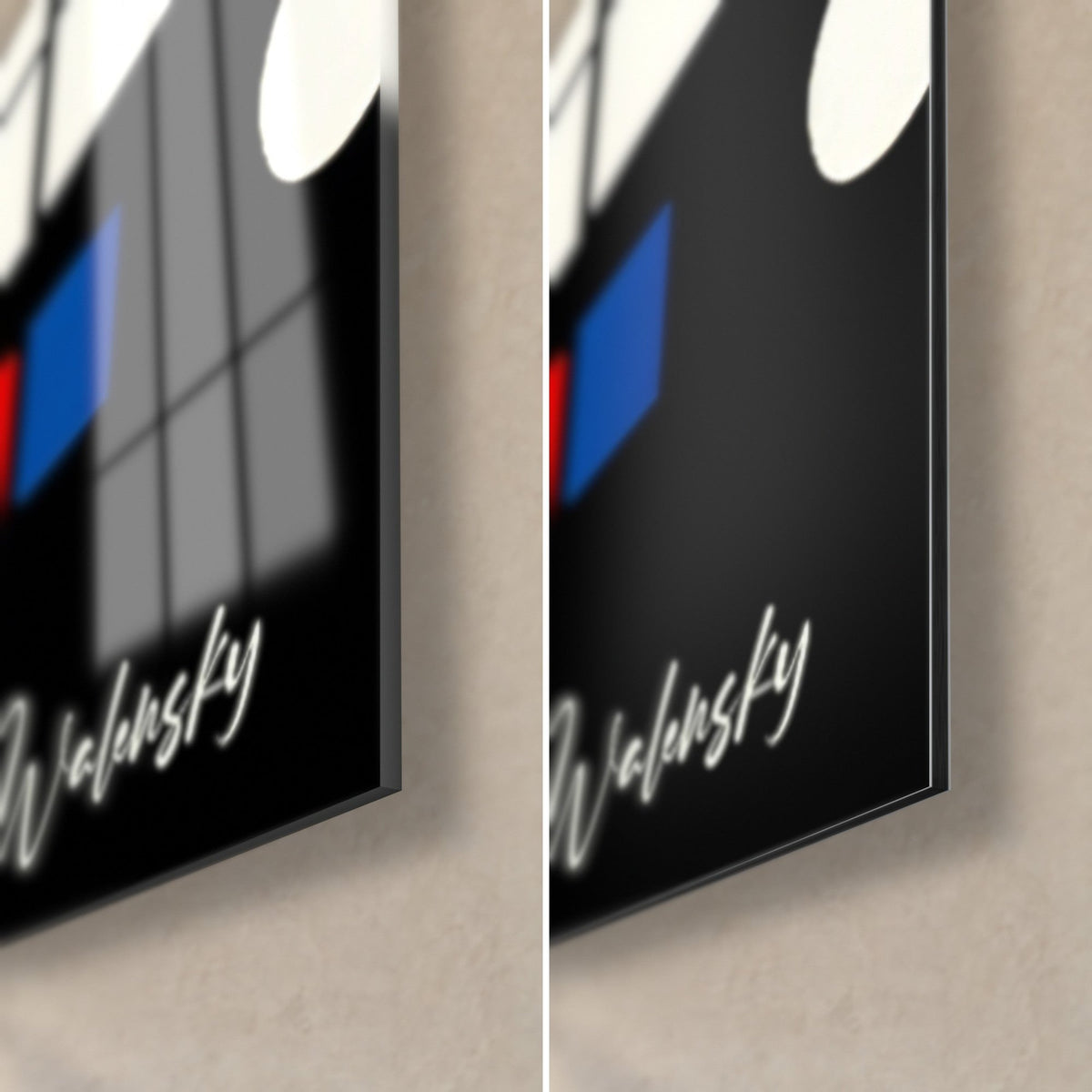 Quadro composizione in rosso, blu e giallo, angolo in basso a destra: vetro acrilico lucido con riflessi, alluminio Dibond nero opaco, spessore 3 mm