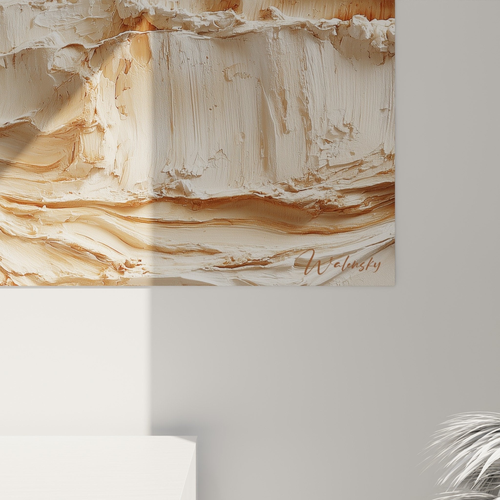Übersicht horizontales abstraktes Gemälde Beige Gold in minimalistischem zeitgenössischem Interieur