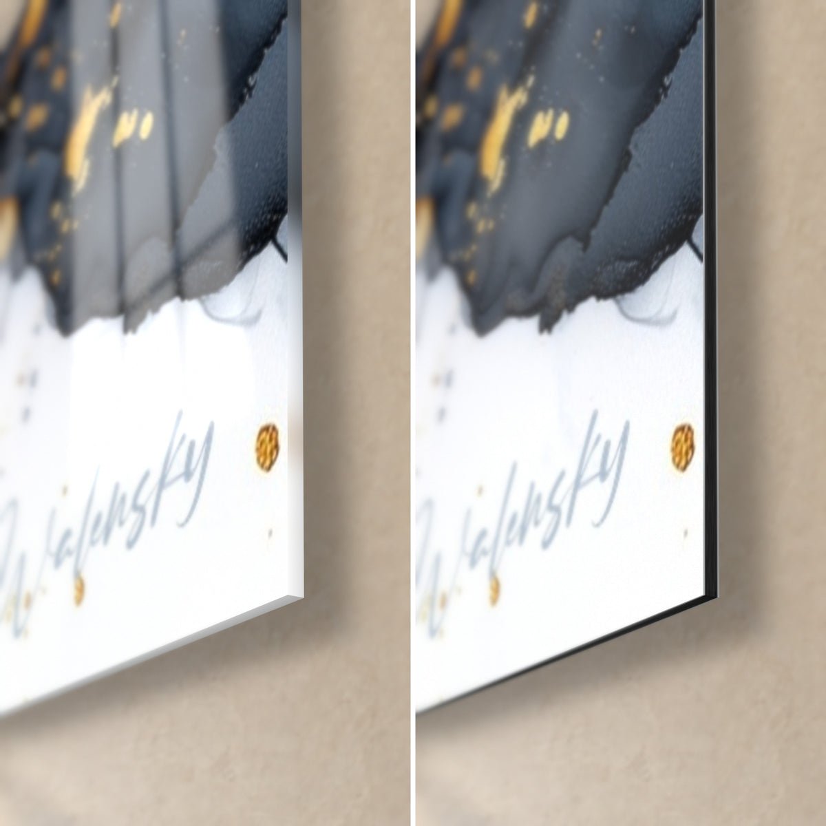 Schilderij van abstract marmer in zwart en goud, rechtsonder de hoek: glanzend glas links, mat Dibond rechts, zwarte rand van 3 mm