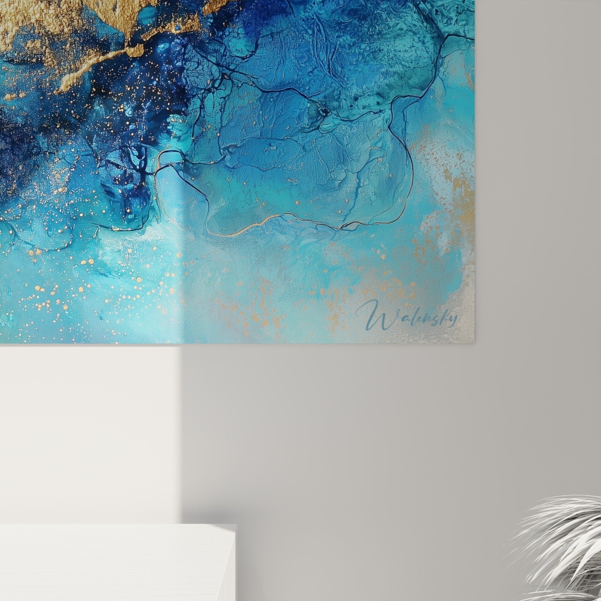 Overview of the blue and gold abstract wall art in modern interior with ambient lighting