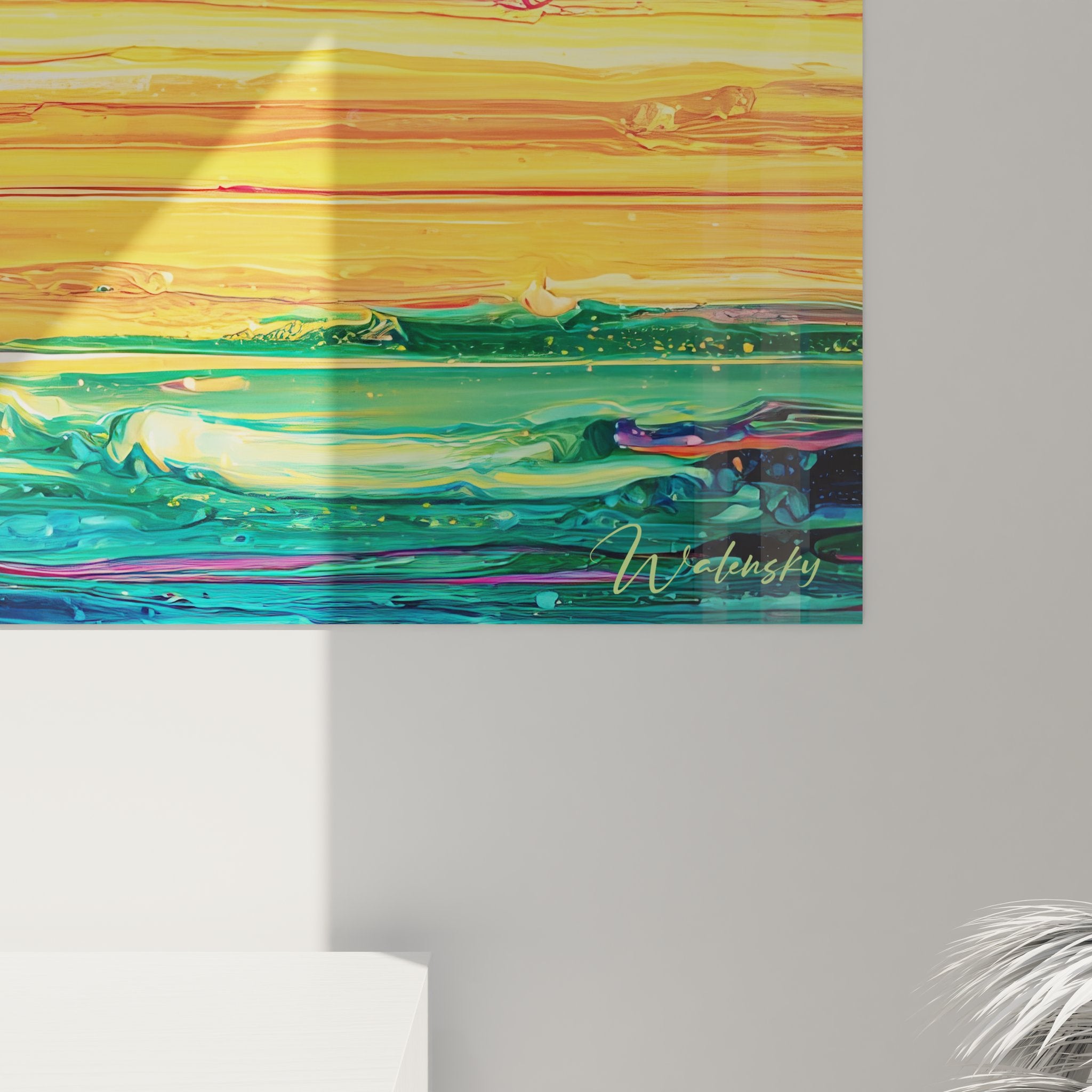 Vue ensemble tableau abstrait maritime style raclé coucher soleil océan décoration murale contemporaine