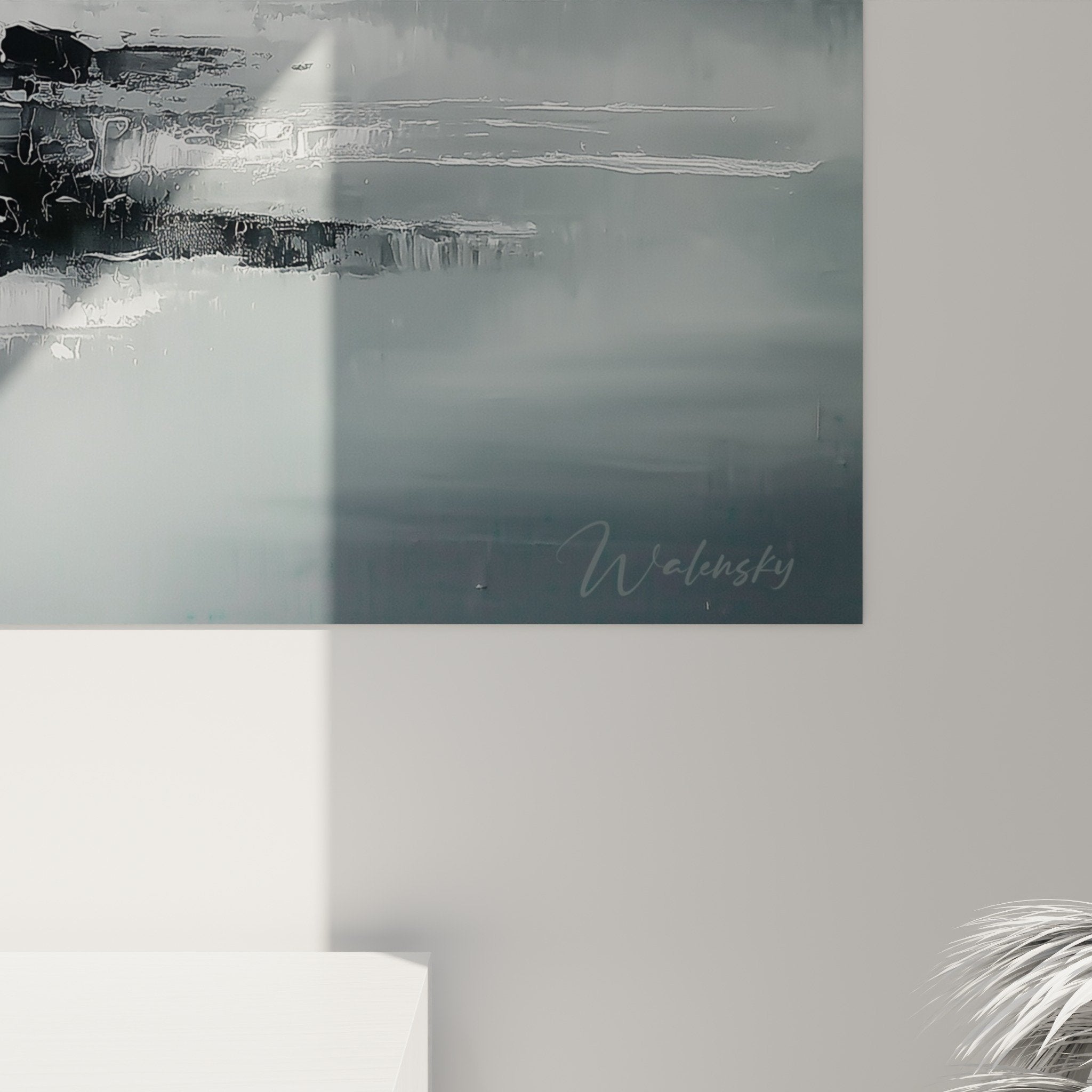 Overview of abstract metallic artwork, geometric shapes on misty gray background