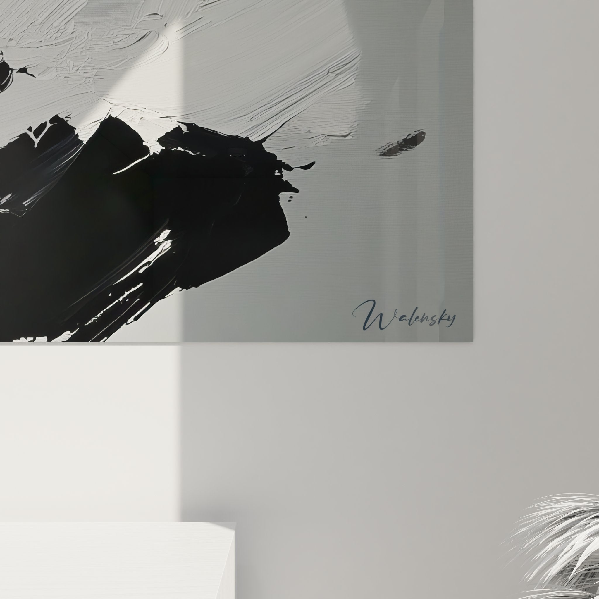 Vue ensemble tableau mural abstrait minimaliste, art contemporain noir blanc décoration