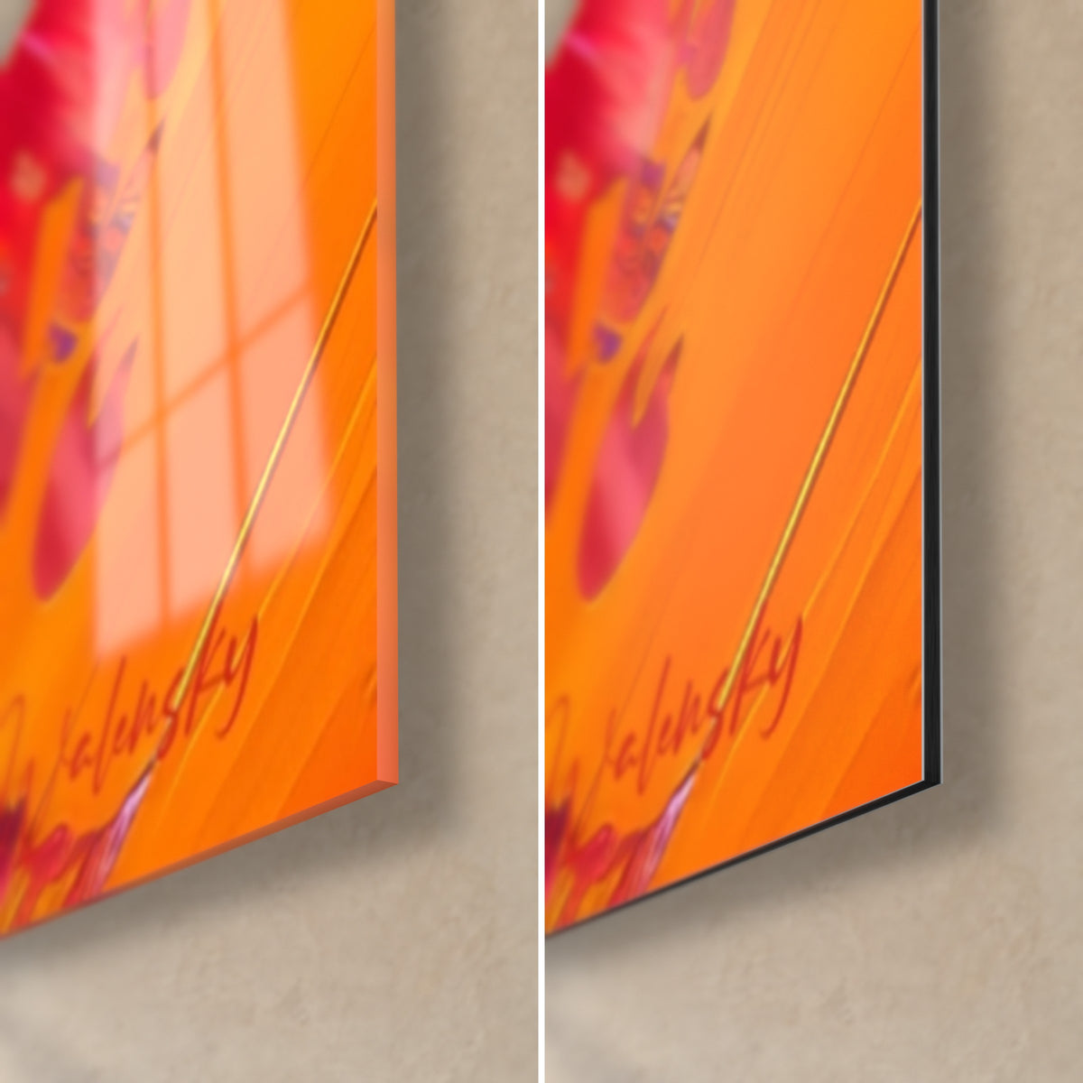 Gemälde abstrakte Malerei in leuchtendem Orange und Rot, sichtbare Signatur, untere rechte Ecke links in glänzendem Glas und rechts in mattem Dibond
