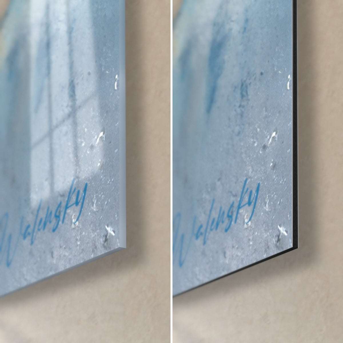 Tableau cercle doré abstrait, coin bas droit : signature bleue Walensky, verre brillant à gauche, alu Dibond mat à droite