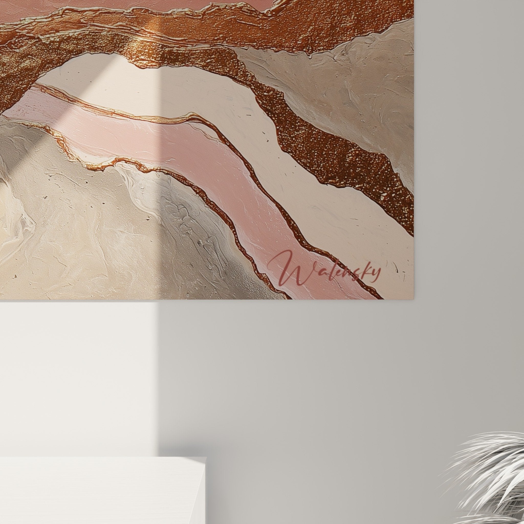 Abstract pink beige gold wall art panoramic view modern feng shui earth center decor