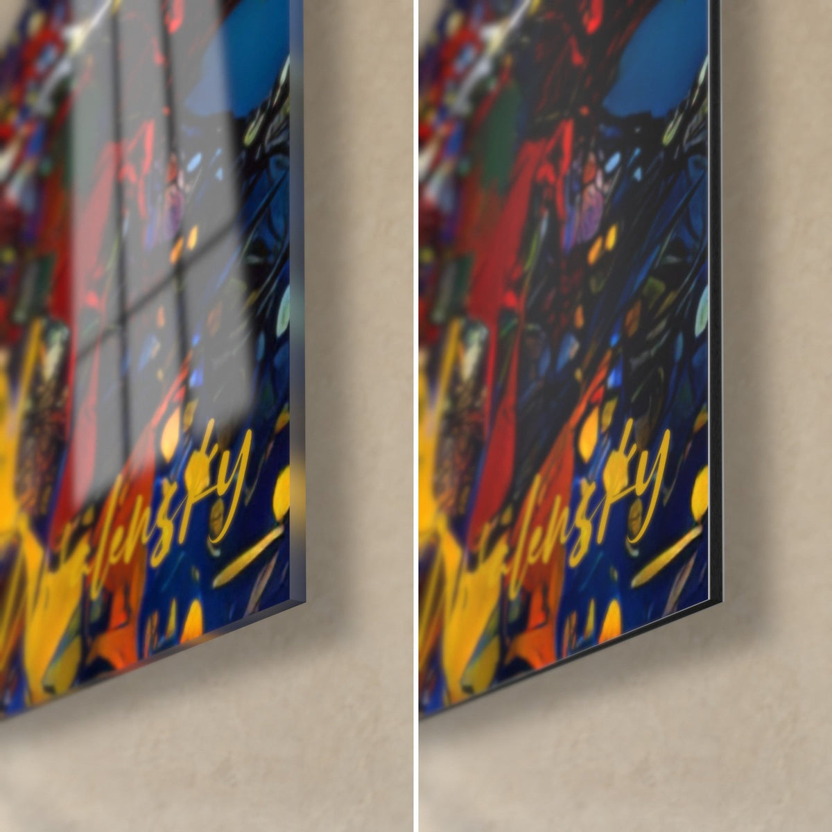 Wall art with abstract painting in royal blue and vivid yellow, bottom right corner, glossy acrylic glass on the left, matte Dibond on the right