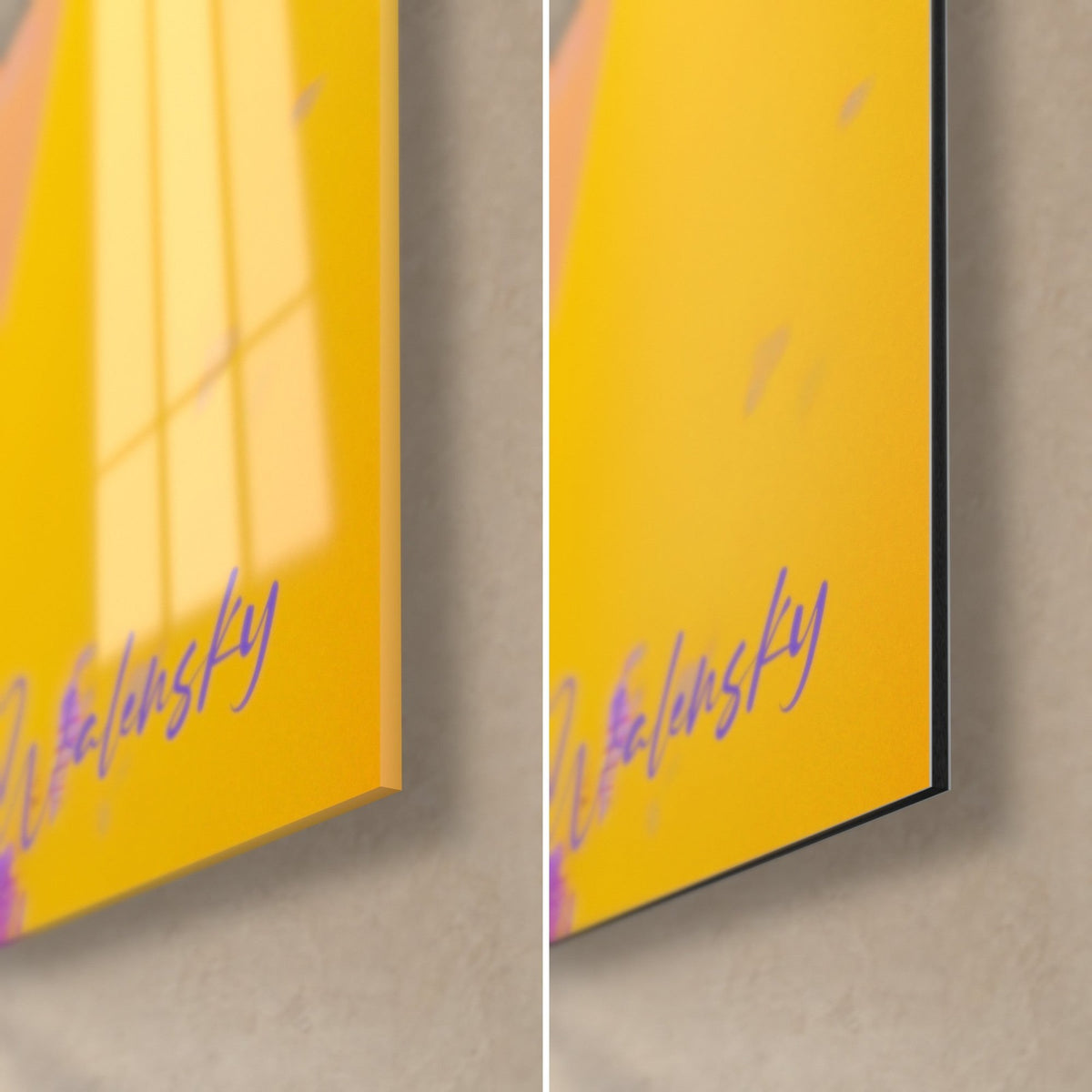 Wall art abstract with golden yellow and violet brushstrokes, lower right corner, glossy acrylic glass on the left, matte Dibond on the right