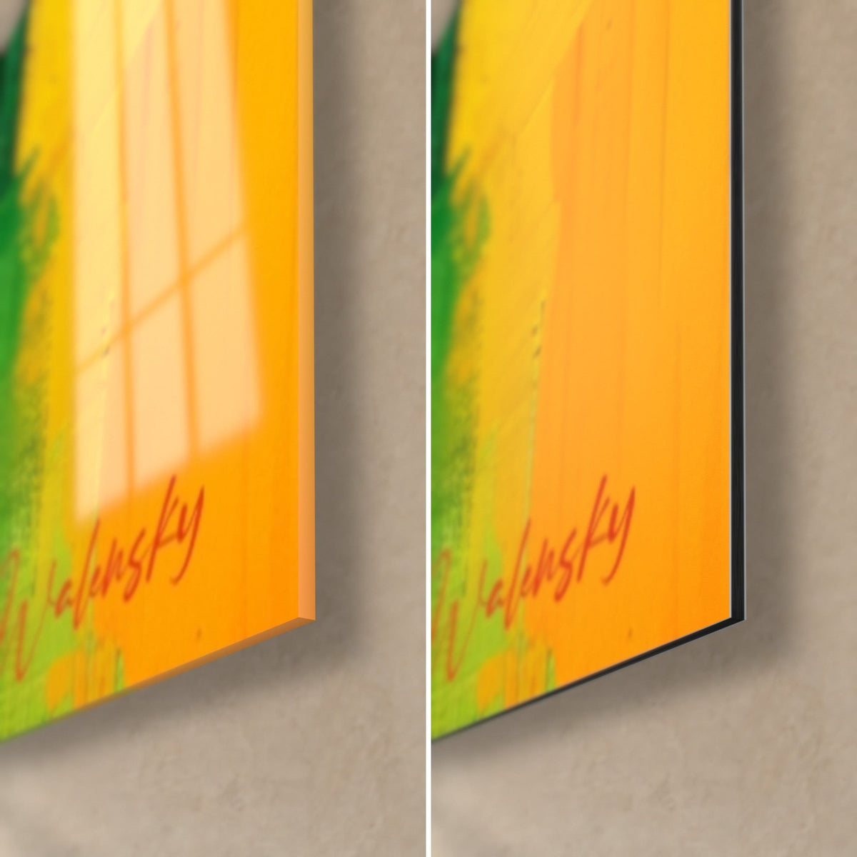 Tableau spectre coloré, coin bas droit : verre acrylique brillant aux reflets, alu Dibond mat jaune orangé, tranche de 3 mm