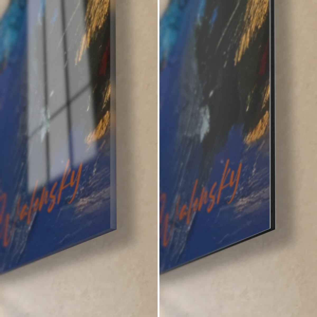 Wall art abstract canvas in midnight blue and orange, red signature bottom right, glossy glass on the left, matte Dibond on the right