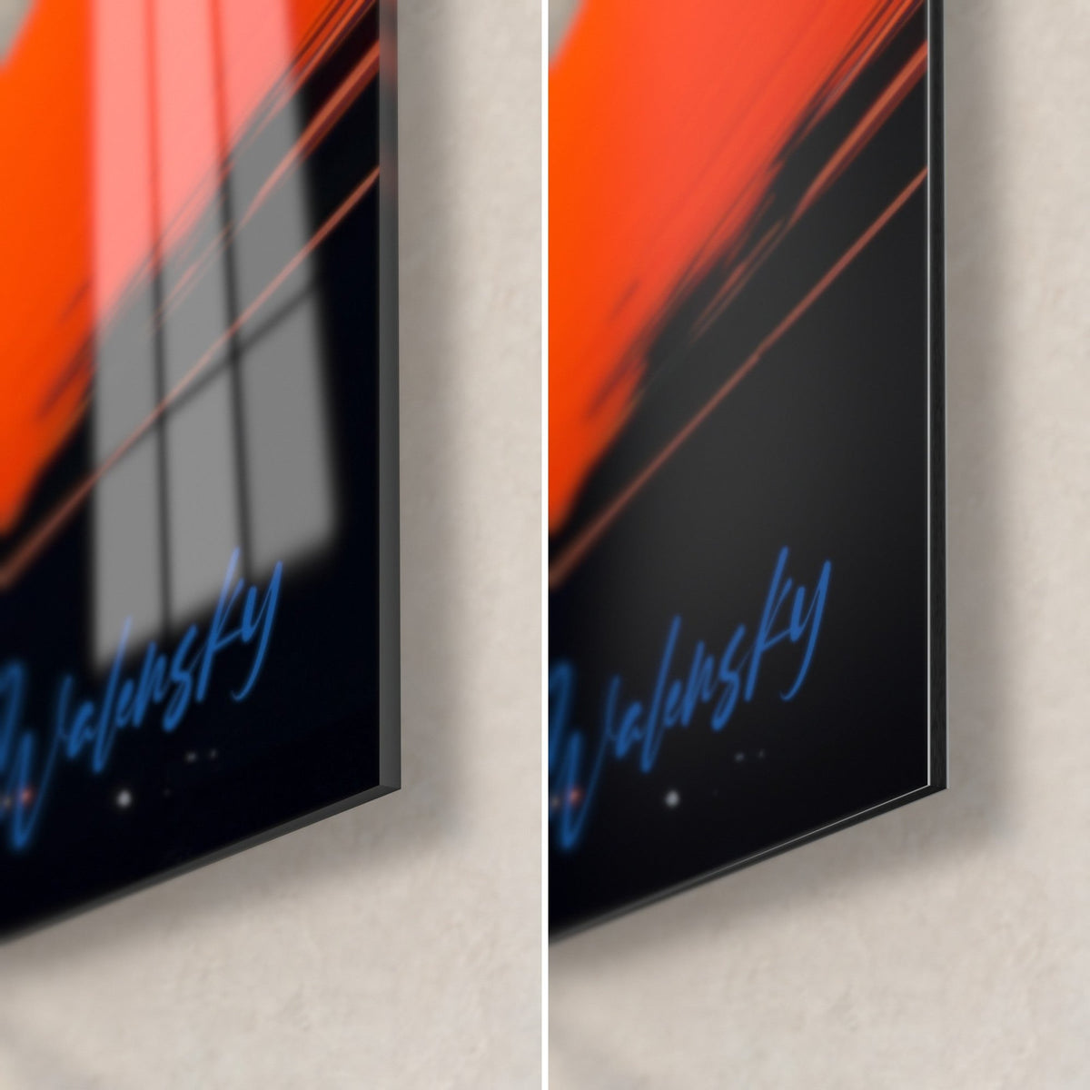 Gemälde mit Farbsplittern in Blau und Orange, untere rechte Ecke: glänzendes Acrylglas mit Spiegelungen, mattes Dibond-Aluminium, 3 mm Kante