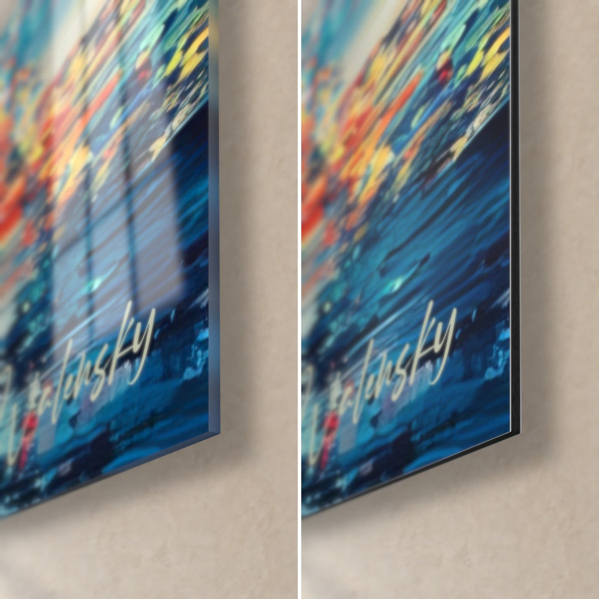 Tableau surface d'eau orange et bleu pétrole, coin bas droit : verre acrylique brillant à gauche, Dibond mat à droite, tranche 3 mm