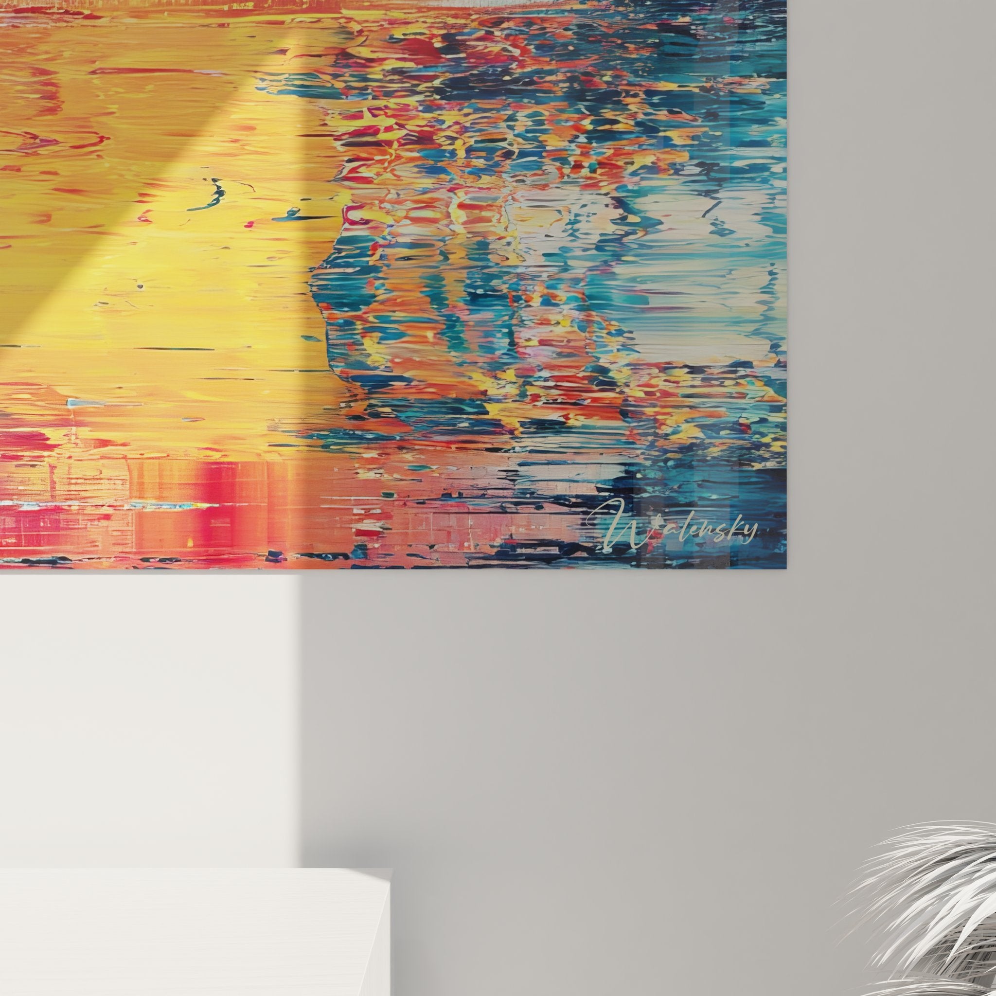 Vue ensemble tableau abstrait style raclé reflets multicolores décoration murale