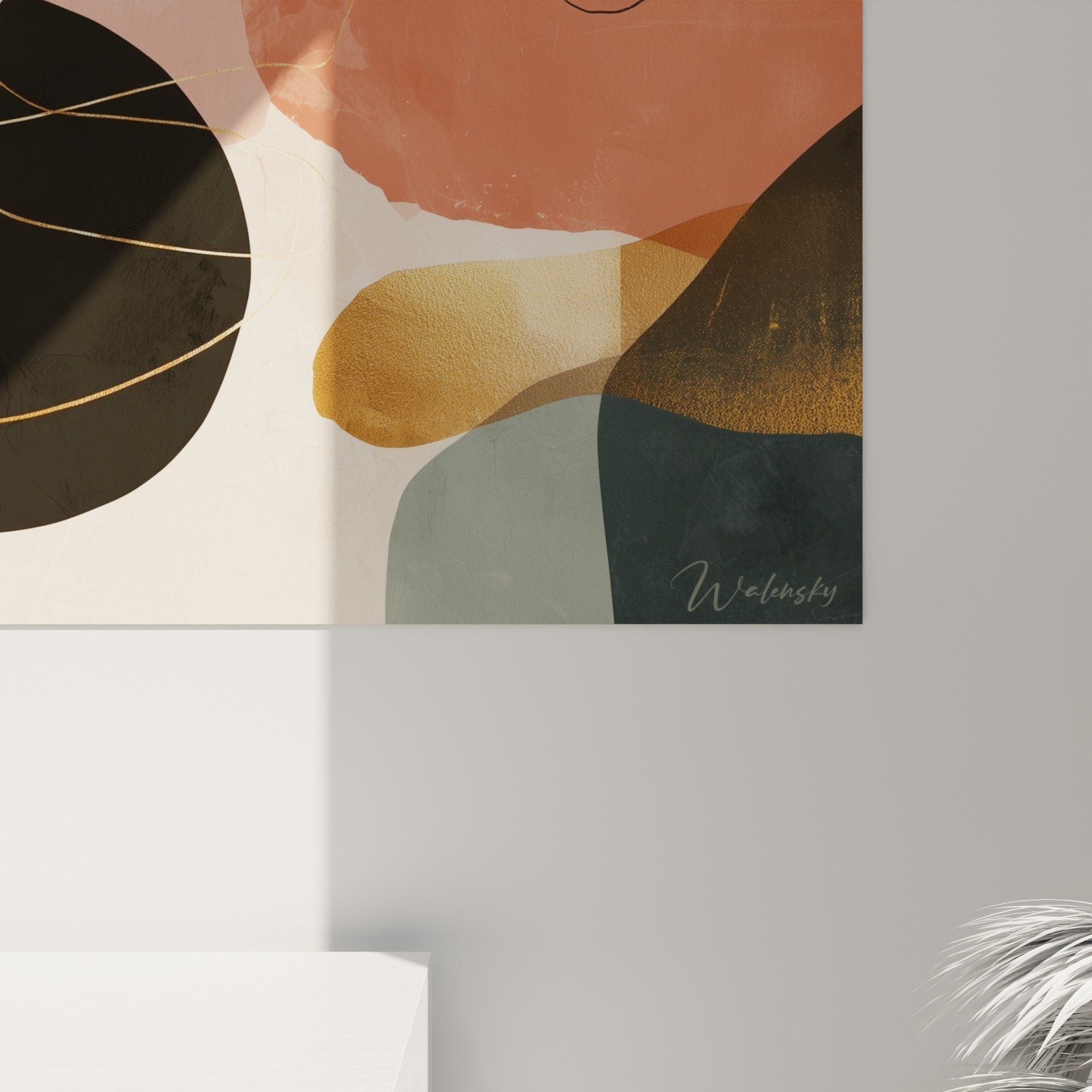 Overall view of abstract wall art painting in earth tones in contemporary interior with harmonious feng shui decoration