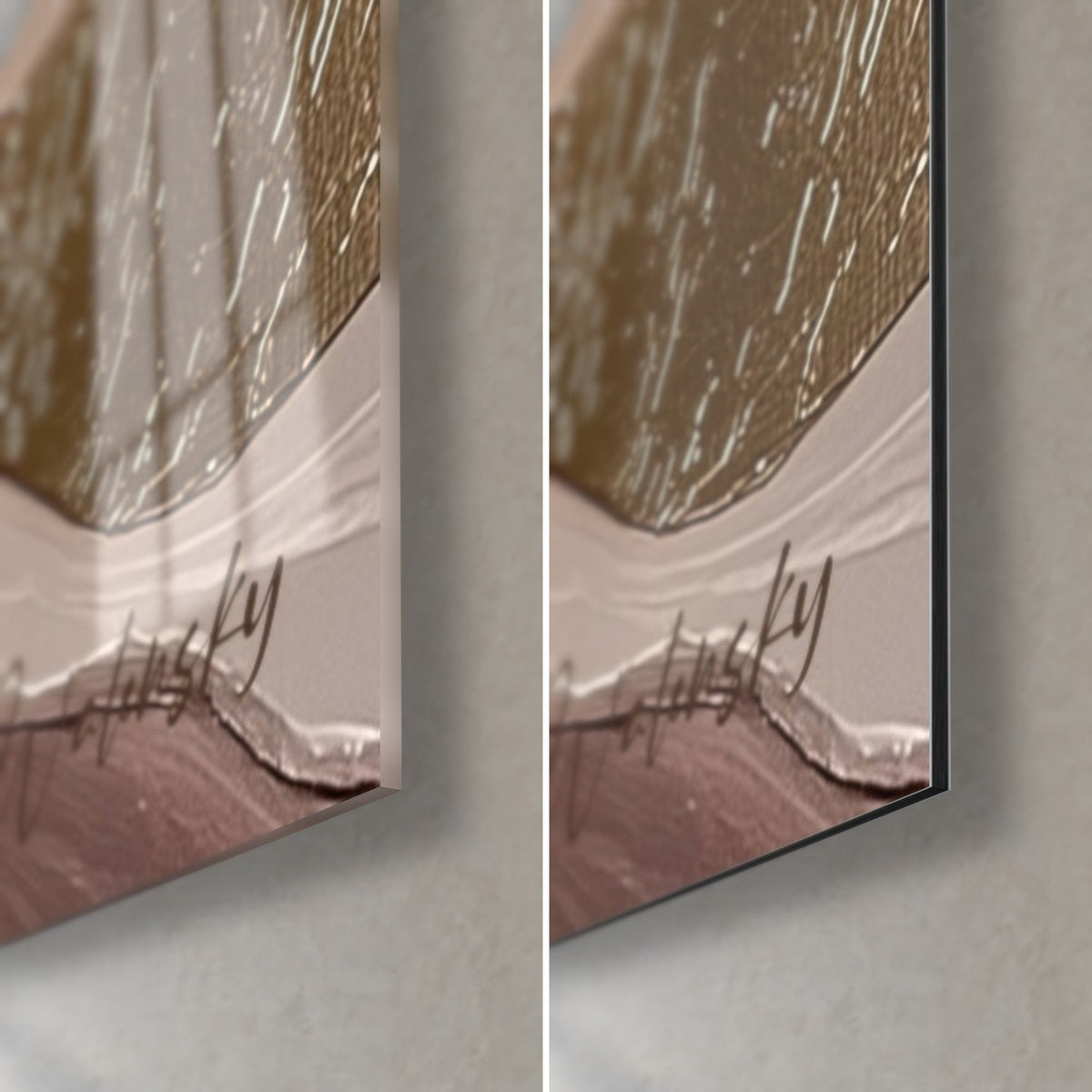 Quadro con onde dorate e ramate, angolo in basso a destra: vetro lucido con riflessi a sinistra, Dibond opaco a destra, spessore 3 mm