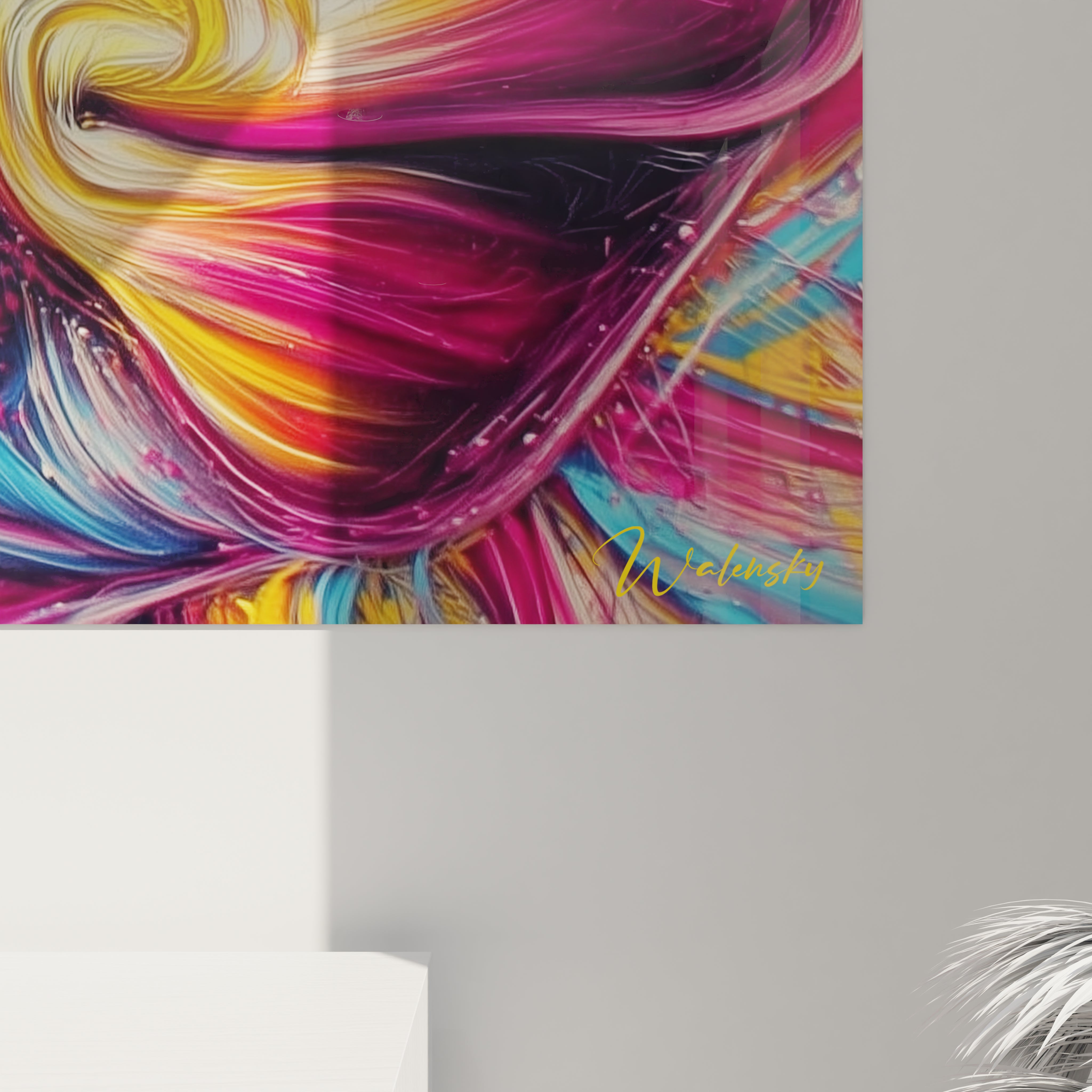 Vue ensemble tableau mural abstrait tourbillons colorés décoration murale art moderne psychédélique