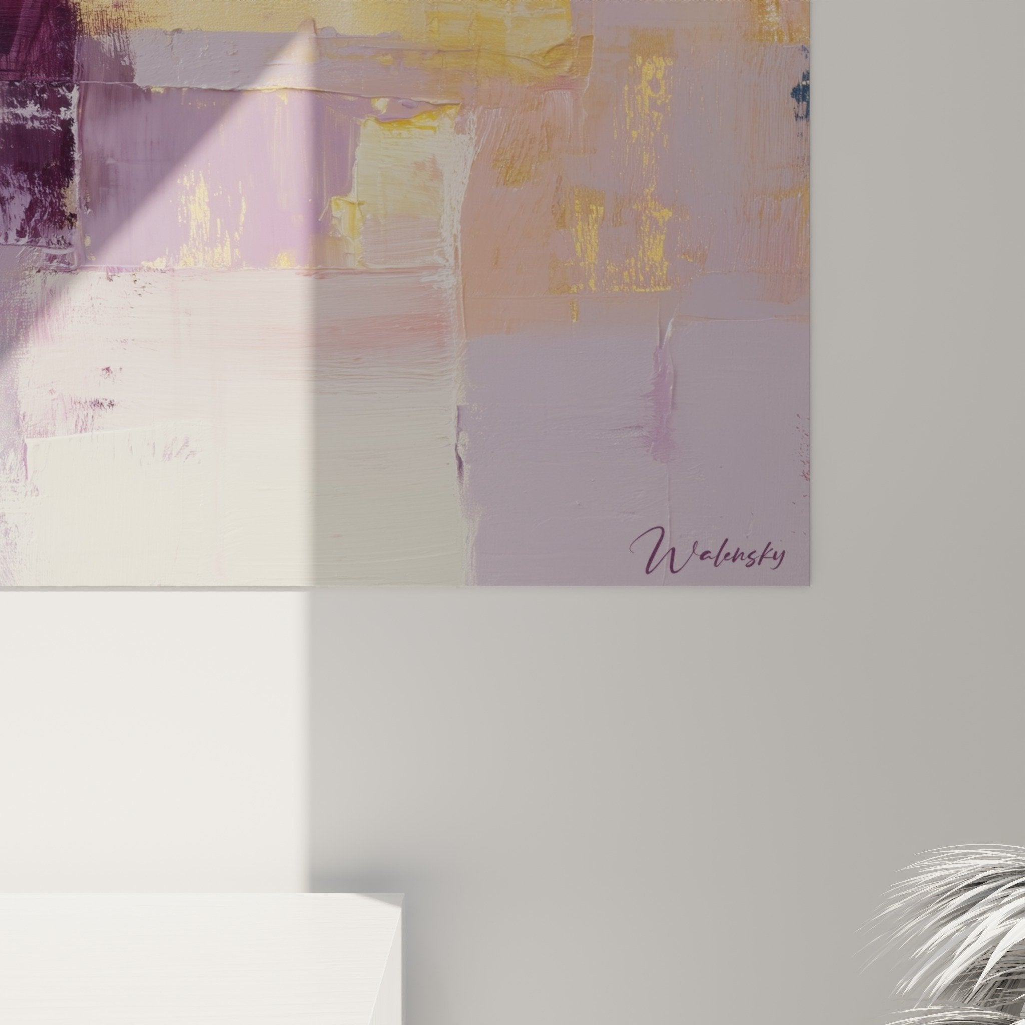Abstract purple and gold artwork in contemporary interior with feng shui decor