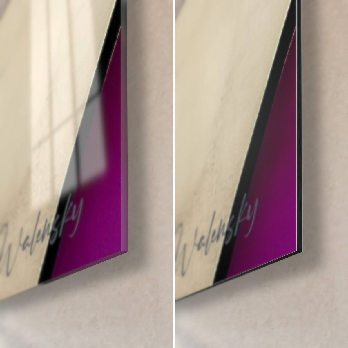 Wall art mosaic of colorful shapes, beige and violet bottom-right corner, glossy glass on the left, matte Dibond on the right