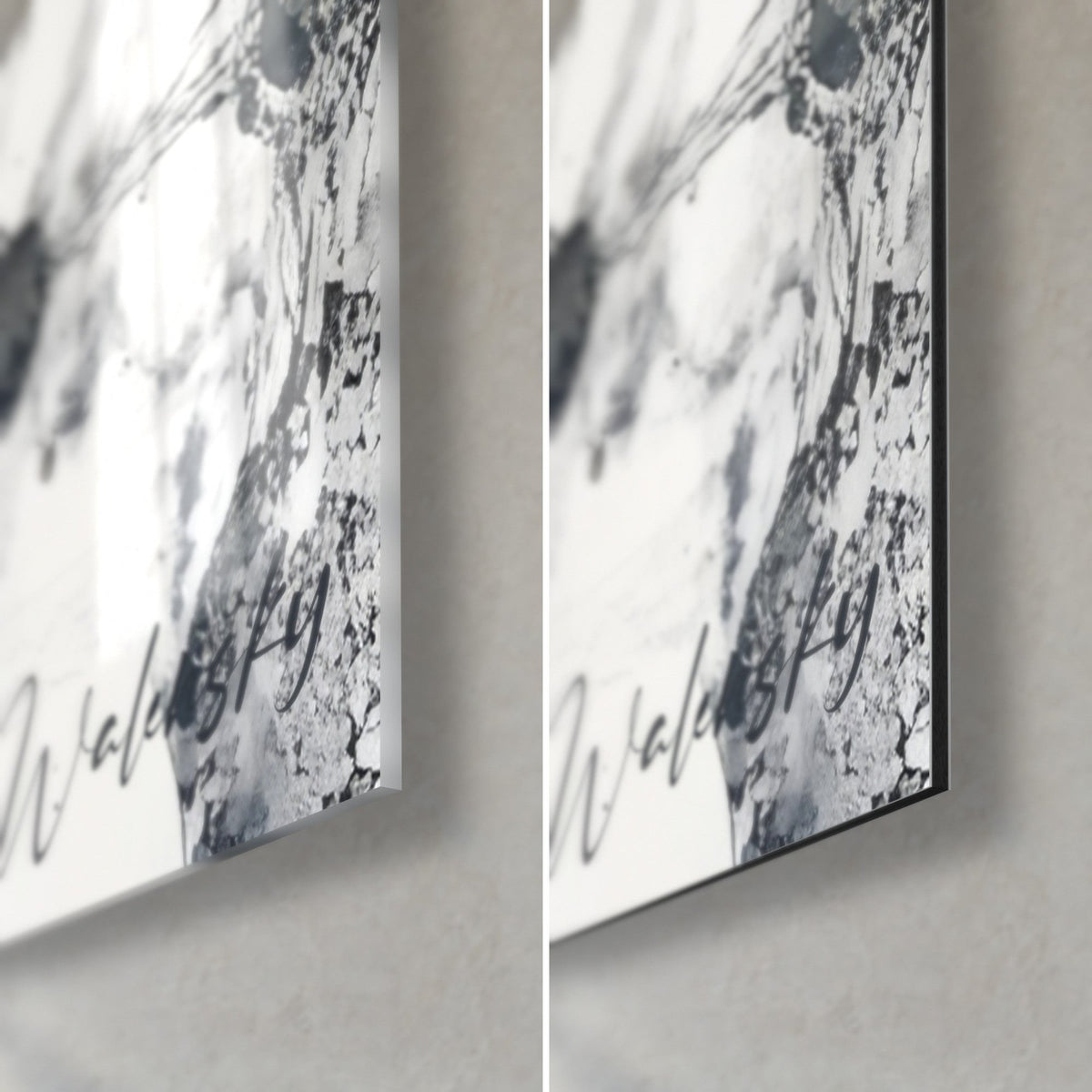 Tableau chaîne de molécules noires et grises, coin bas droit : verre acrylique brillant à gauche, alu Dibond mat à droite, tranche 3 mm