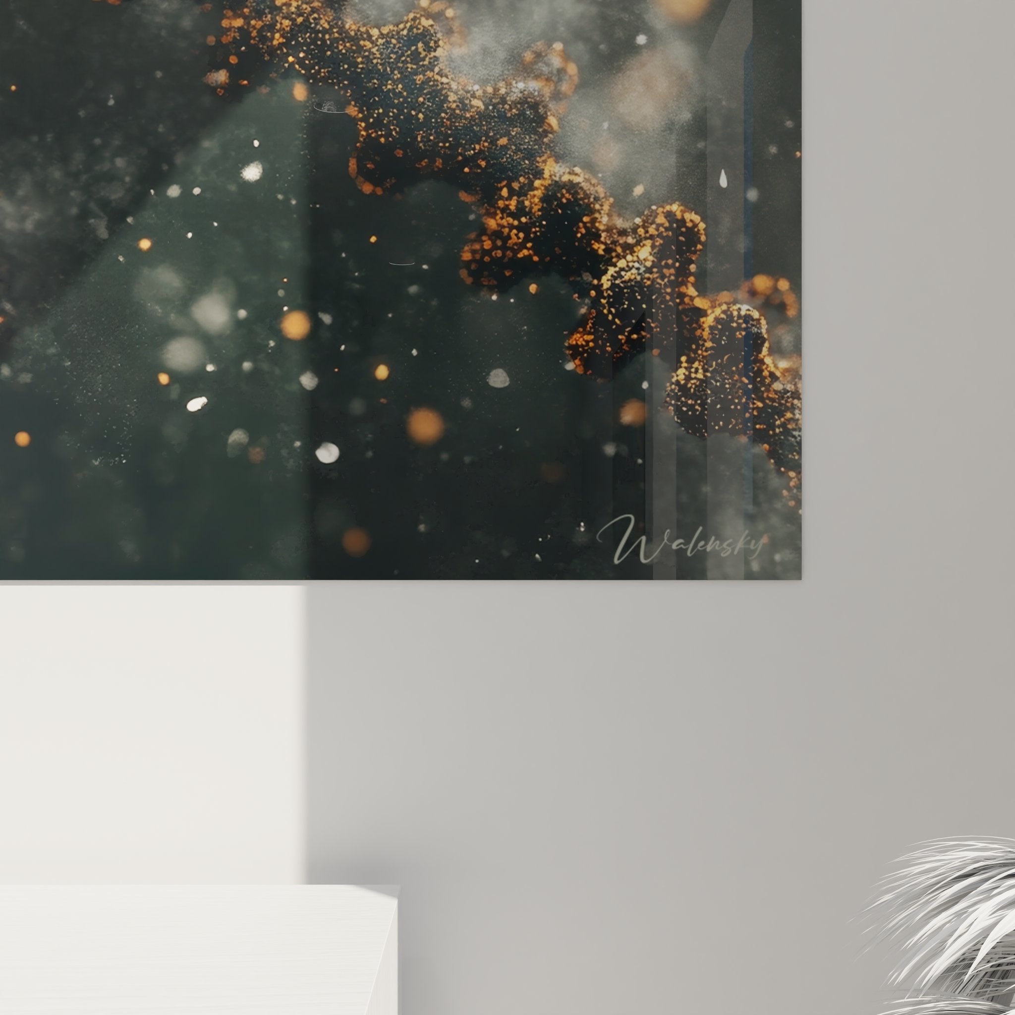 Vue ensemble tableau mural ADN lumineux - art scientifique doré particules brillantes décoration moderne