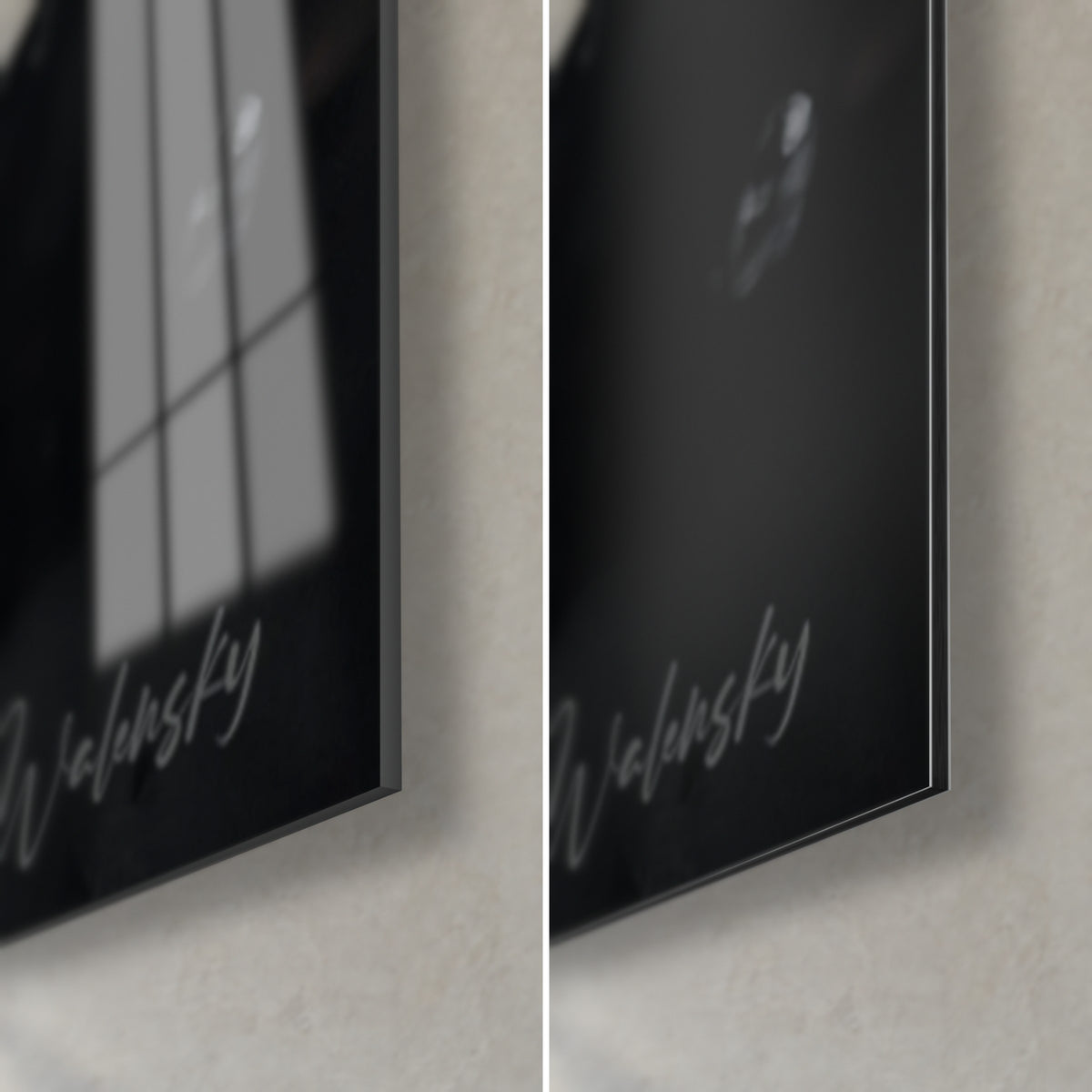 Wall art granular DNA strand in black and silver, bottom right corner: glossy acrylic glass on the left, matte Dibond aluminum on the right, 3 mm edge