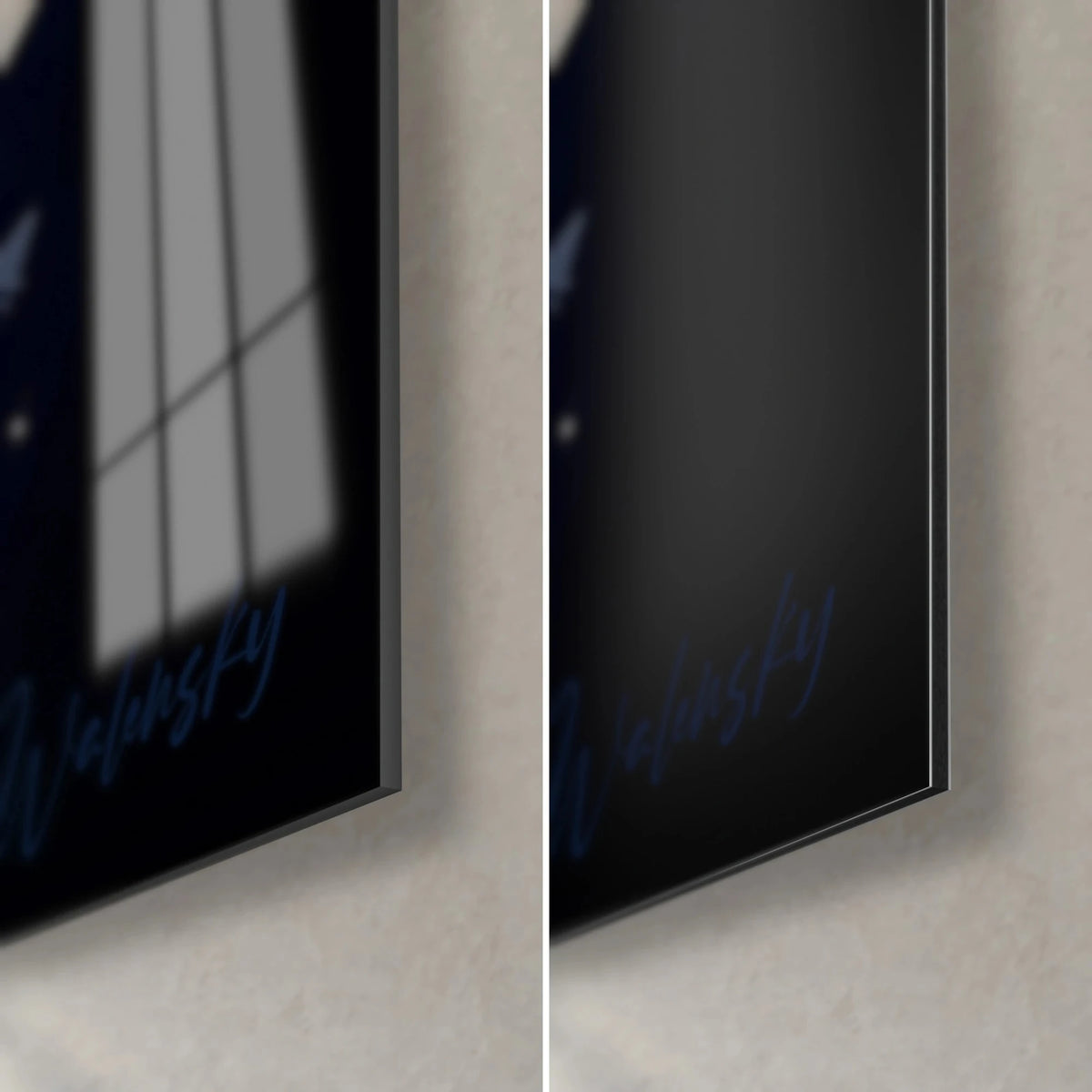 Wall art crystal eagle, bottom right corner: glossy acrylic glass with black reflections and matte Dibond, 3 mm edge