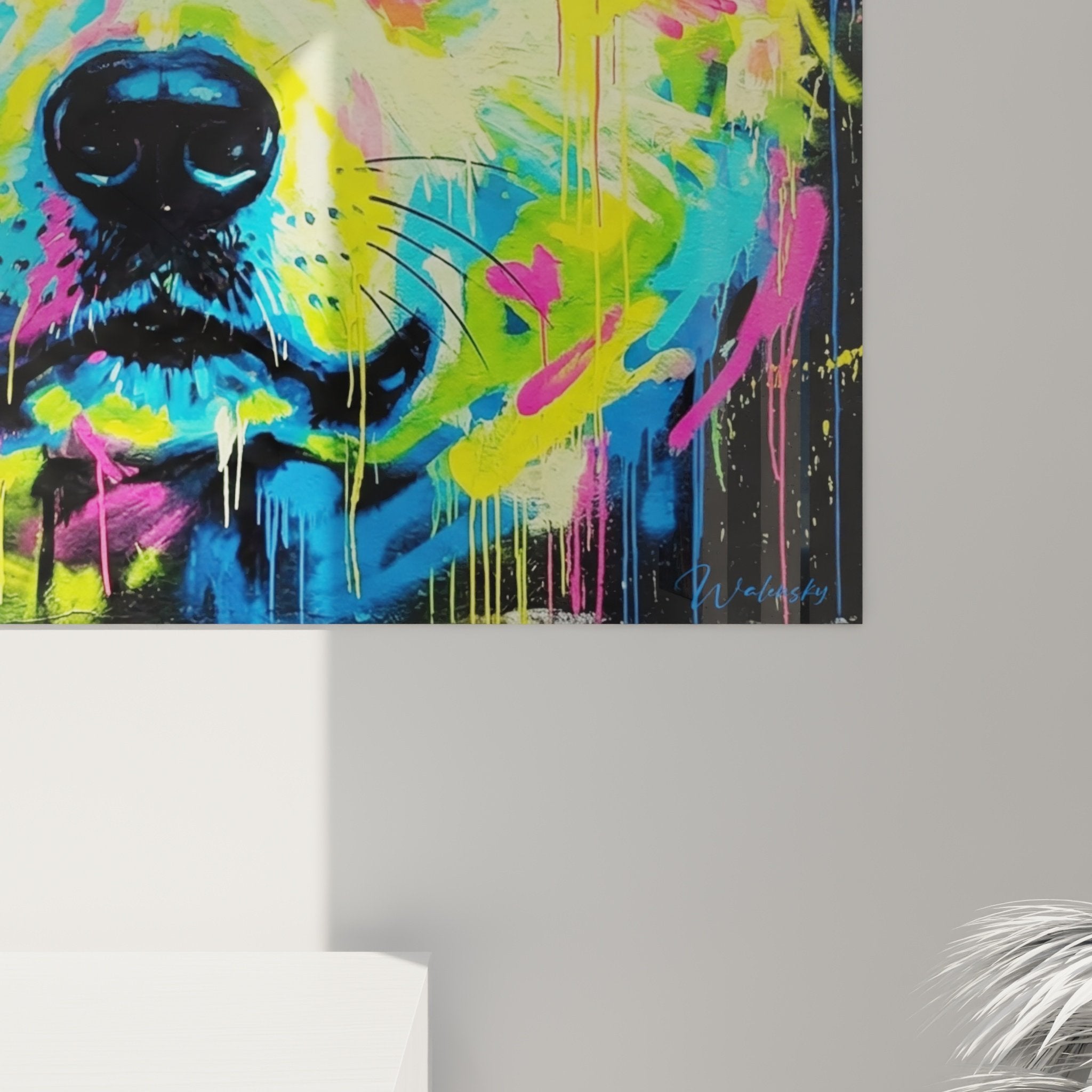 Vue d'ensemble tableau mural Akita Inu art contemporain couleurs éclatantes décoration intérieur moderne