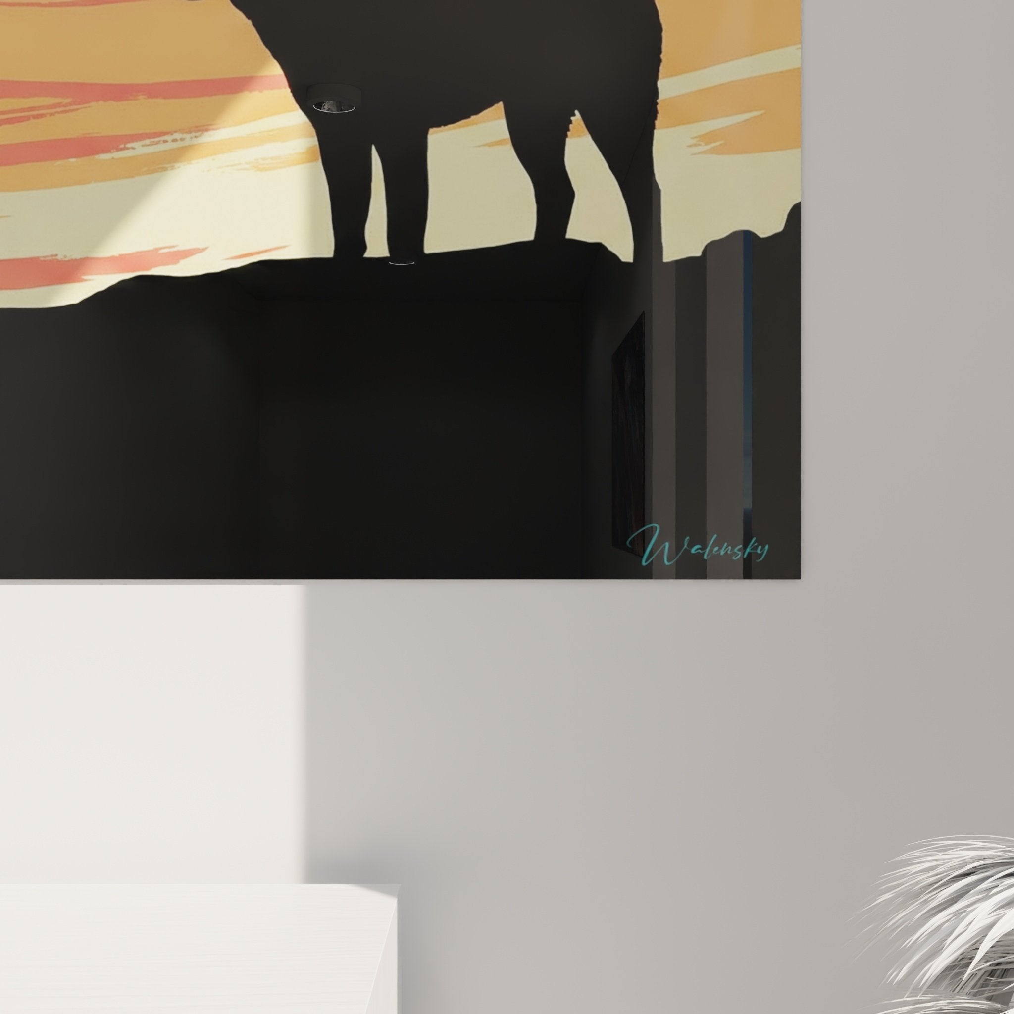 Vue d'ensemble tableau mural Akita Inu contemplation, œuvre décorative moderne aux teintes corail turquoise