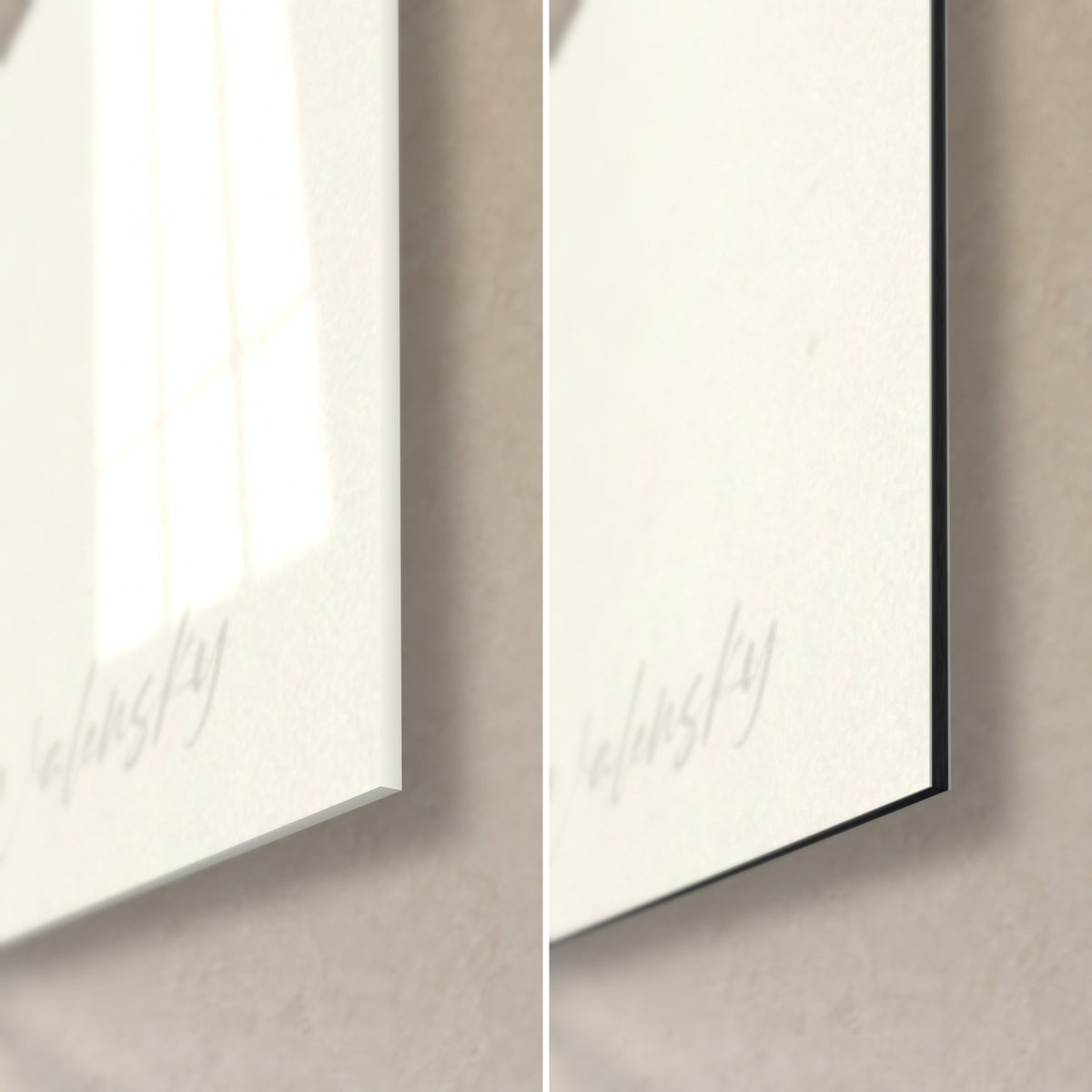 Wall art donkey with closed eye, bottom right corner in glossy acrylic glass and matt black Dibond, grey Walensky signature, 3 mm edge