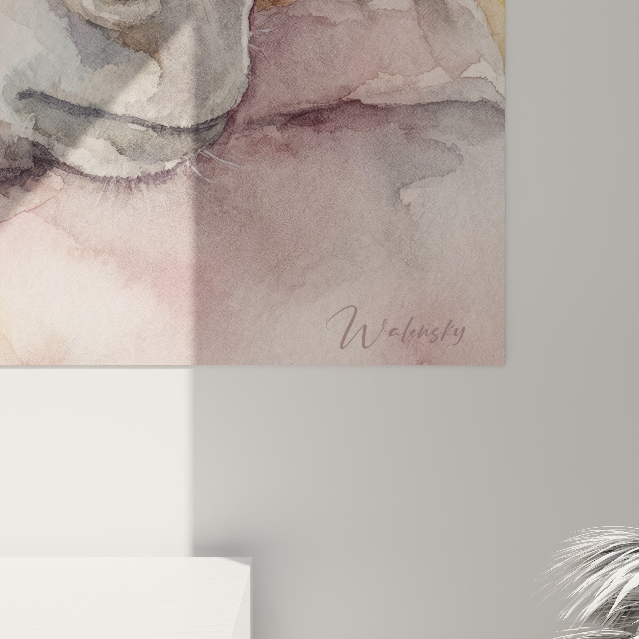 Übersicht des Aquarell-Esel-Gemäldes, Pastellpalette in Rosa und Beige, dekorative Wandkunst mit Tiermotiv