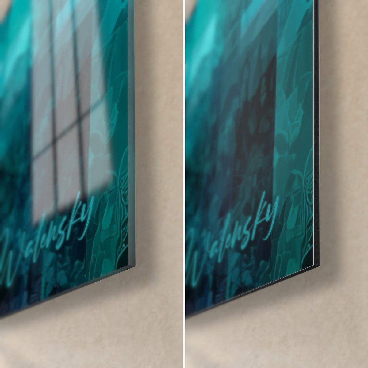 Gemälde bernsteinfarbene Fische in türkisfarbenem Wasser, untere rechte Ecke: glänzendes Acrylglas links, matres Dibond rechts, 3 mm Kante
